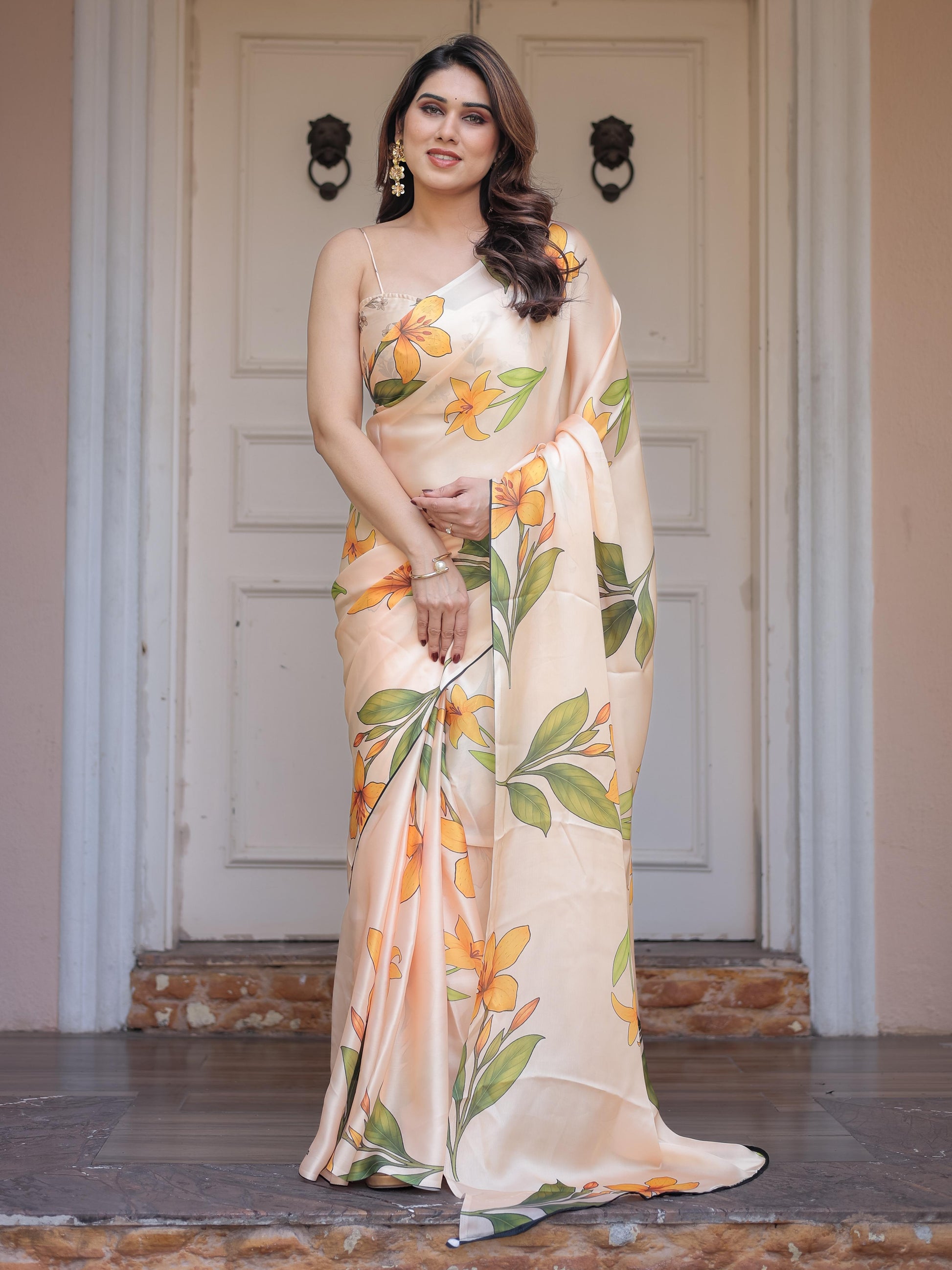 Peach Satin Georgette Floral Printed Saree with Designer Blouse for Women | Elegant Party Wear Saree