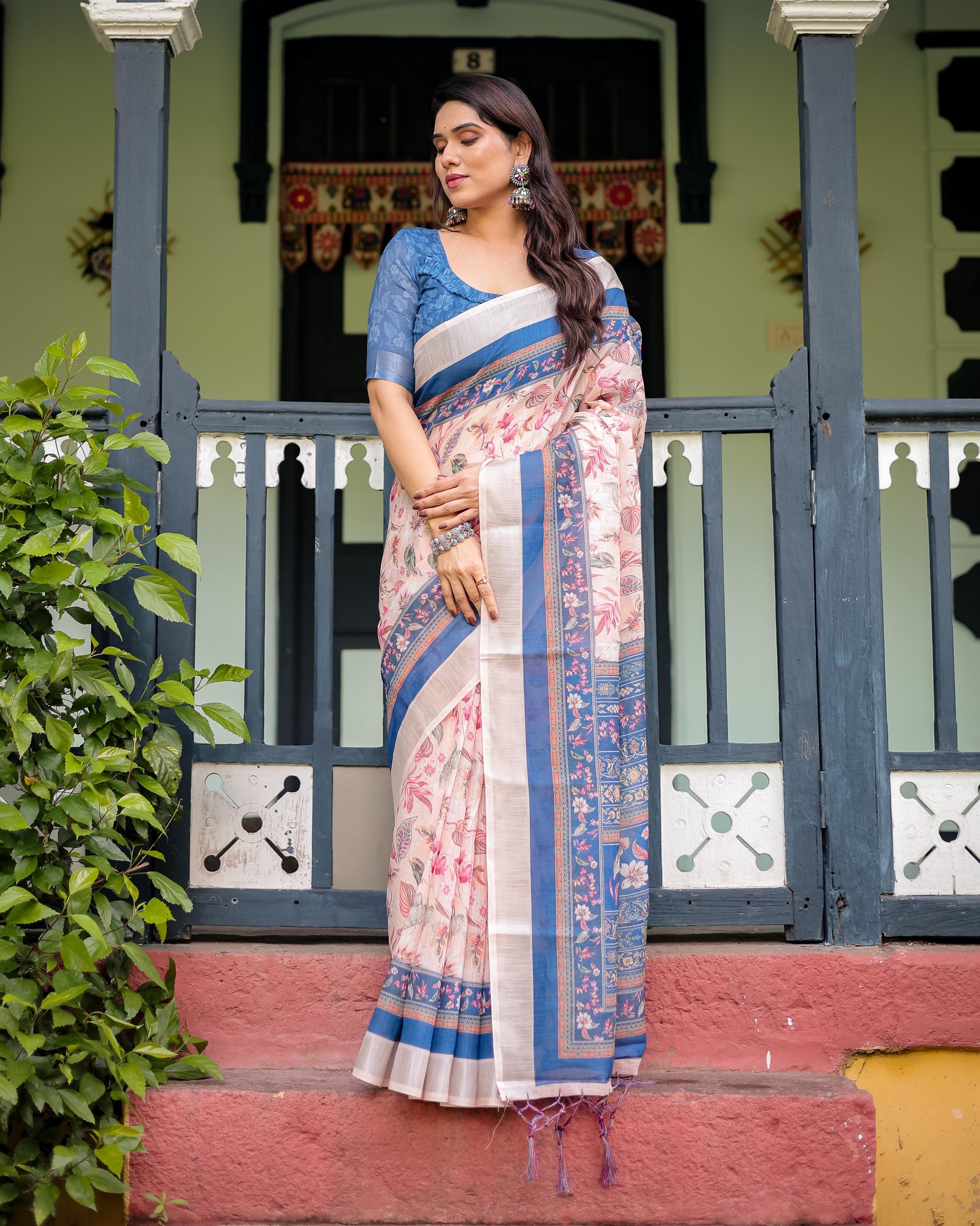 Pure Cotton Linen Saree Blue Floral Border and Pink Leaf Design with Tassels on Edges With Unstitched Blouse