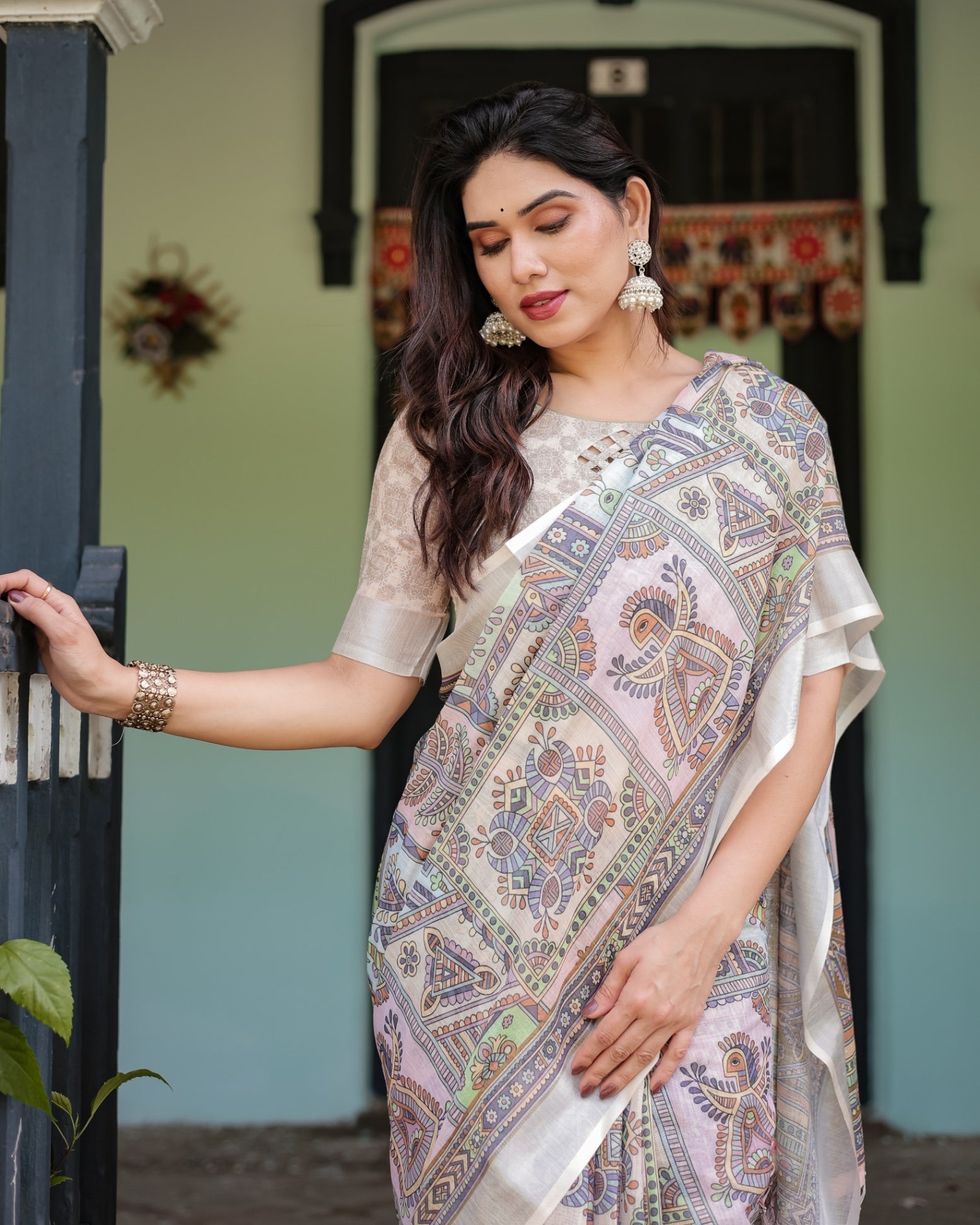 Cream and Pastel Multicolour Printed Pure Cotton Linen Saree and Tassels on Edges With Unstitched Blouse