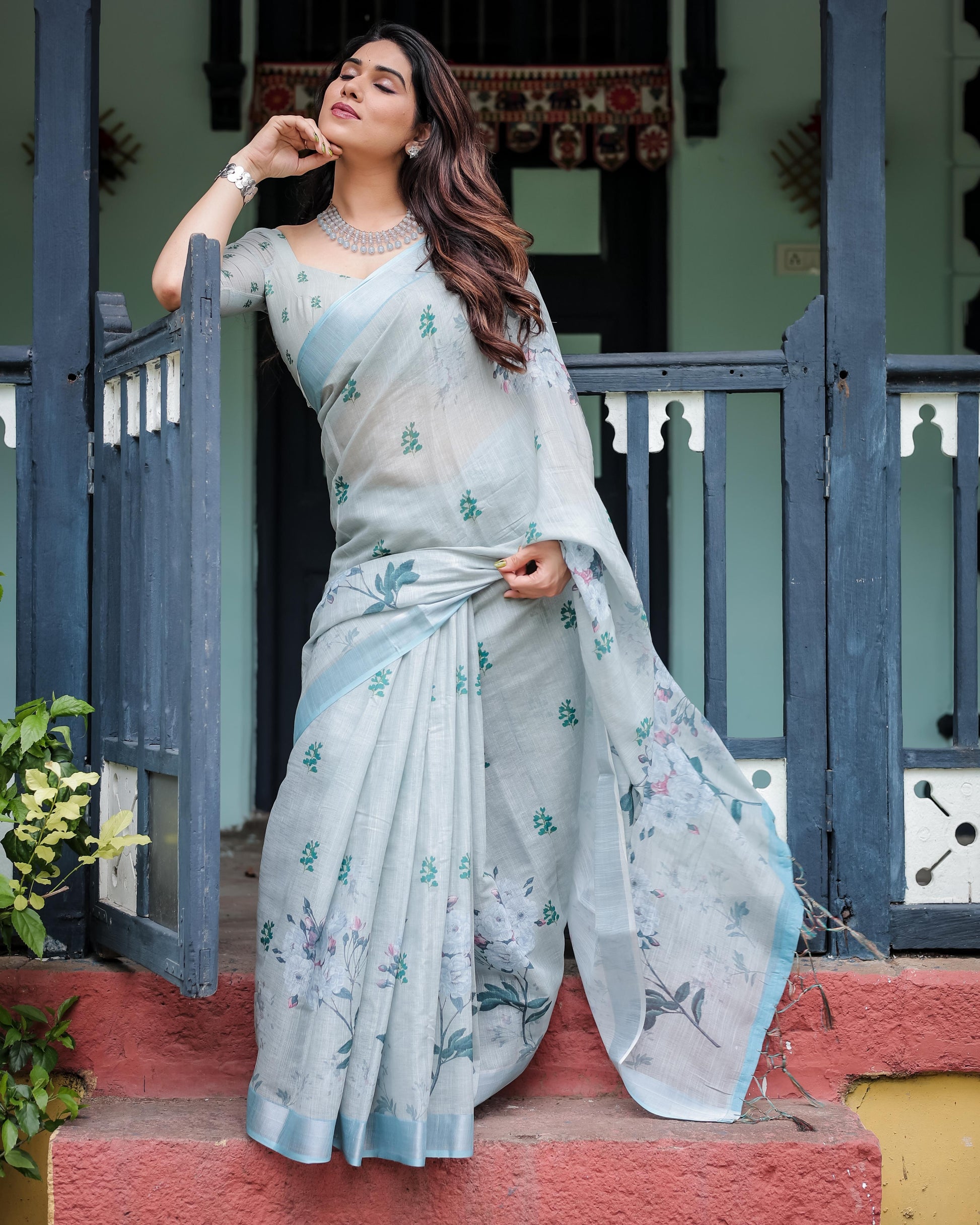 Pastel Grey Pure Cotton Linen Saree with Floral Print, , and Tassel Detailing With Unstitched Blouse