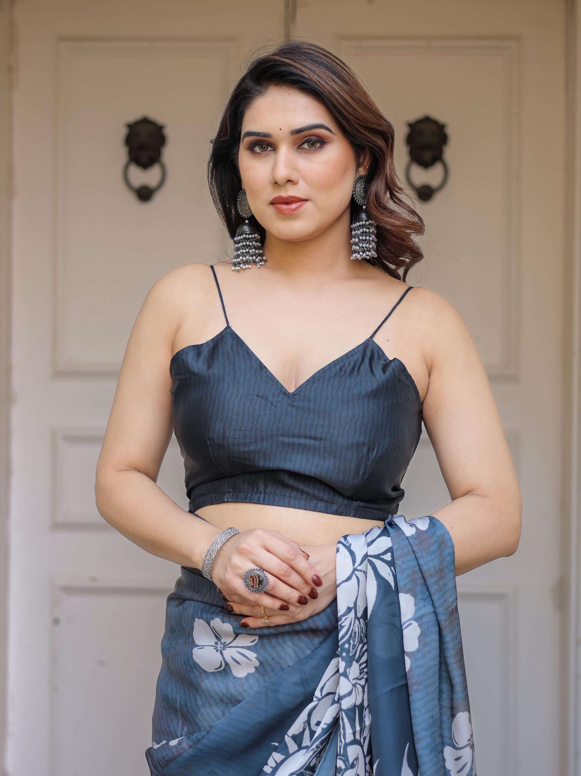 Steel Blue Satin Georgette Floral Printed Saree with Designer Blouse for Women | Elegant Party Wear Saree