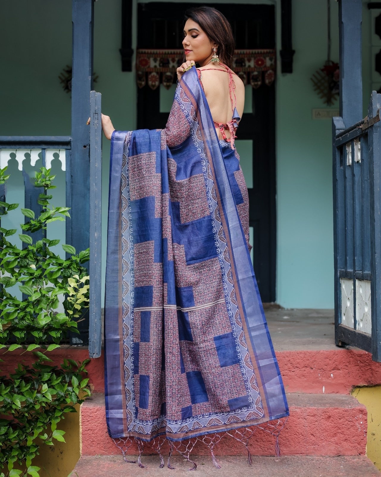 Navy Blue & Red Pure Cotton Linen Saree and Tassels on Edges With Unstitched Blouse