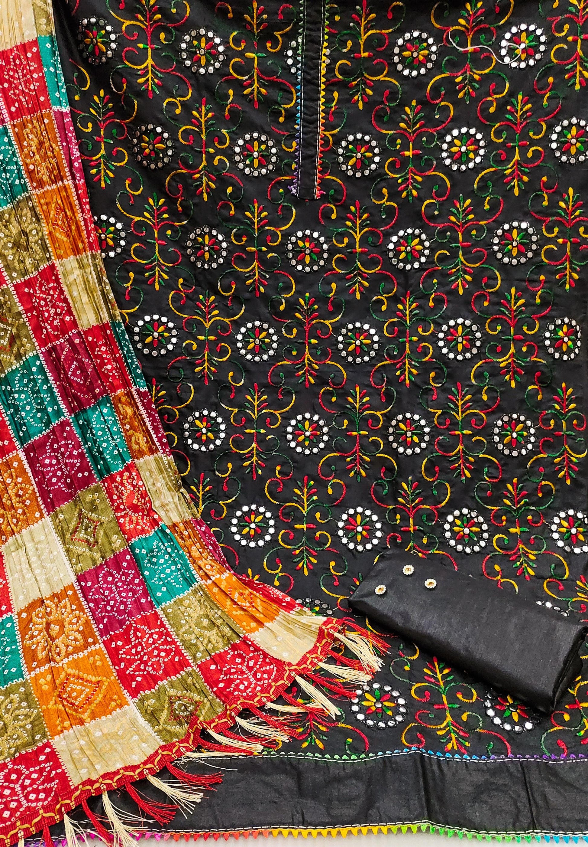 Cotton Dress Material Set for Women with Chinon Bandhani Print Dupatta | Unstitched Salwar Suit Fabric (Top 1.9m, Bottom 2m, Dupatta 2.1m)