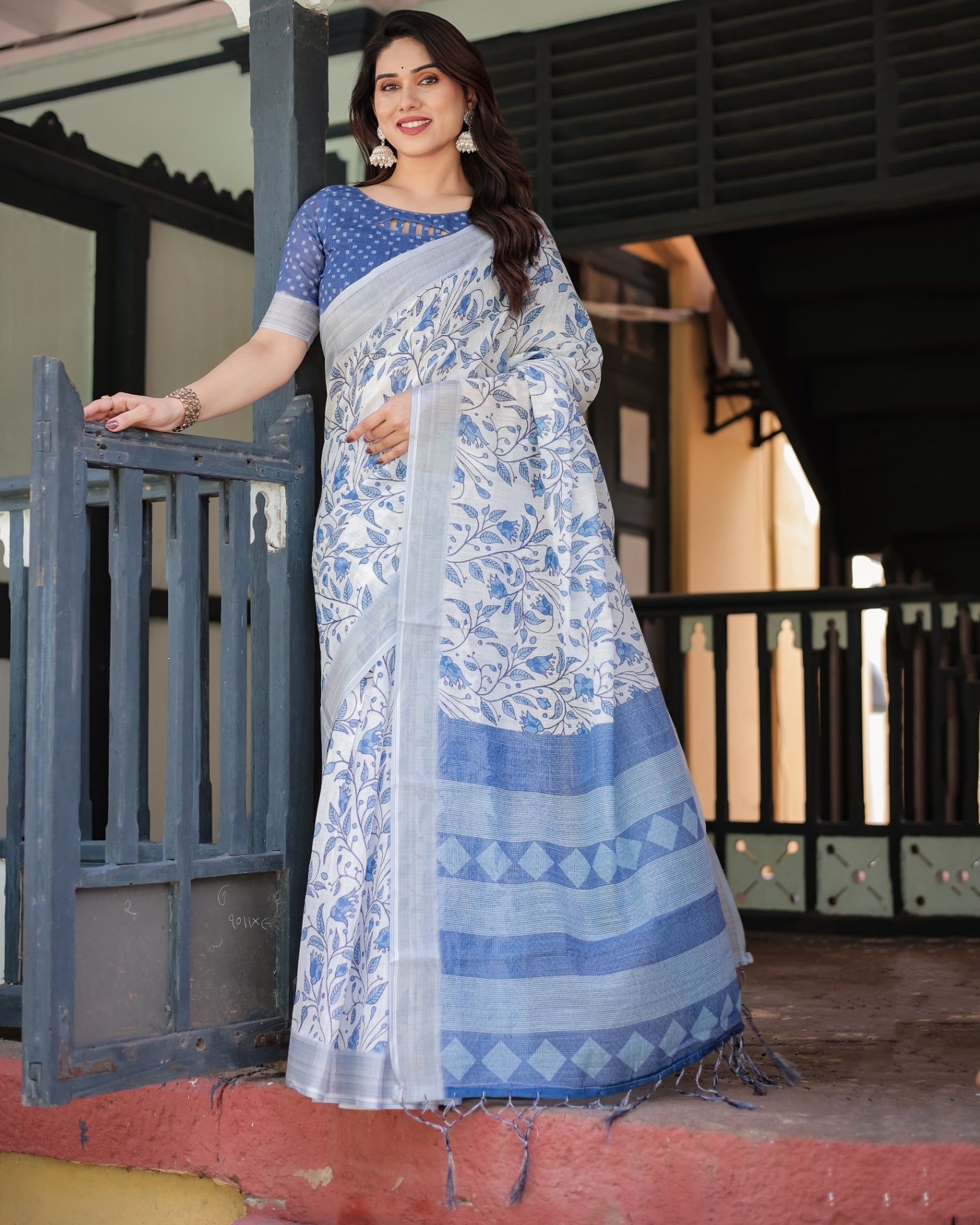 Blue and White Floral Pure Cotton Linen Saree and Tassels With Unstitched Blouse