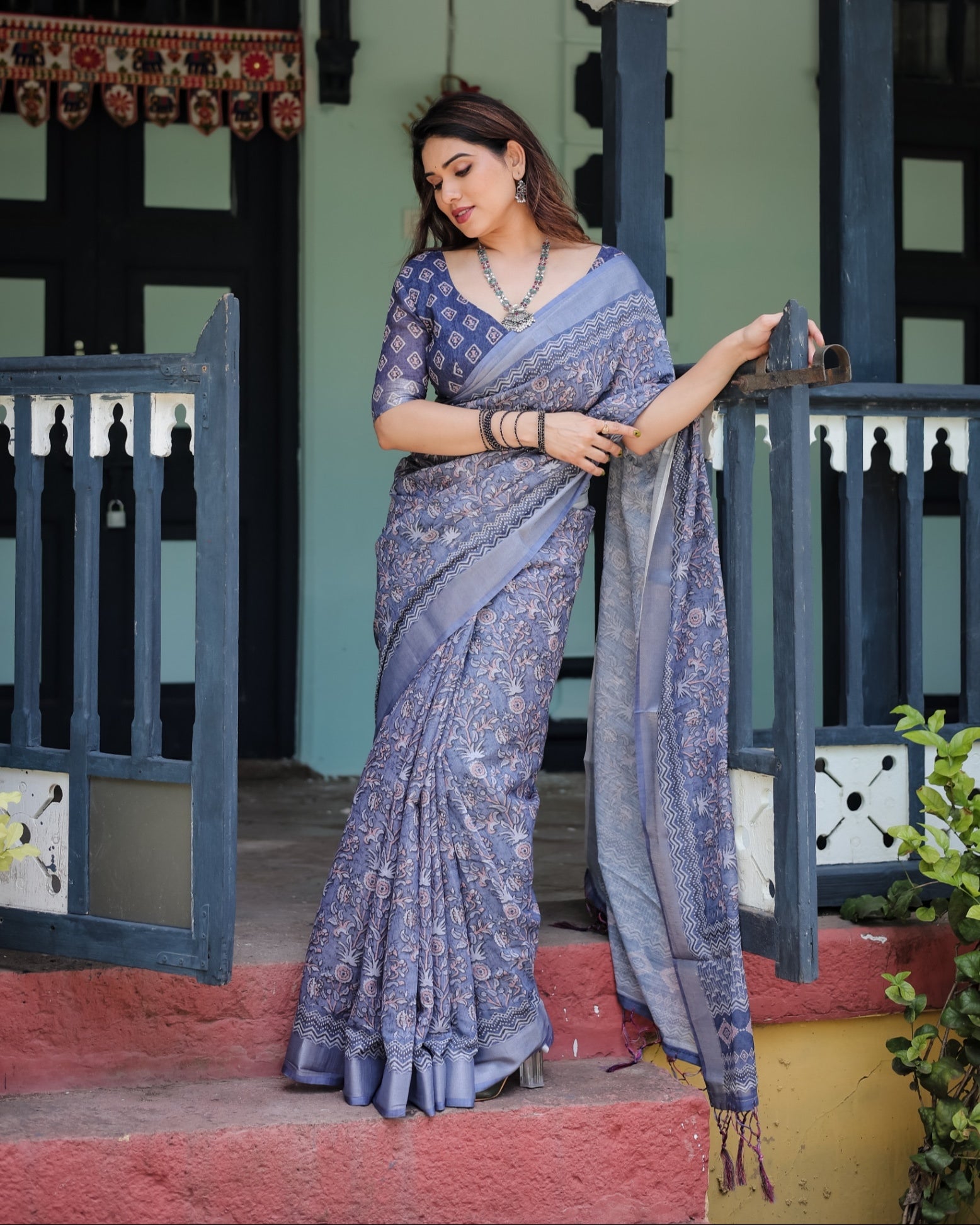 Steel Blue Pure Cotton Linen Saree with Floral and Geometric Block Print, , and Tassel Detailing With Unstitched Blouse