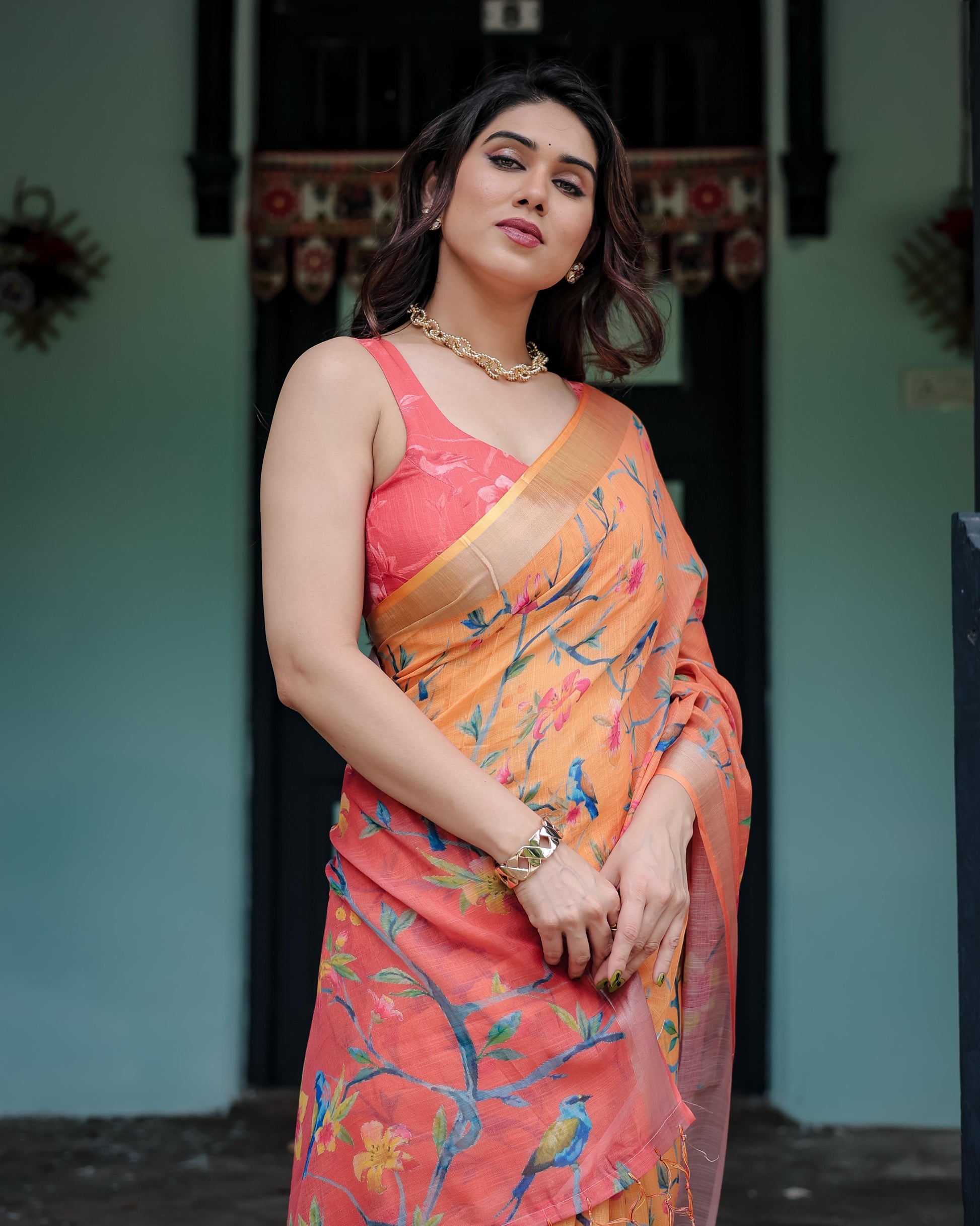Peach and Orange Pure Cotton Linen Saree with Floral and Bird Print And Tassel Detailing With Unstitched Blouse