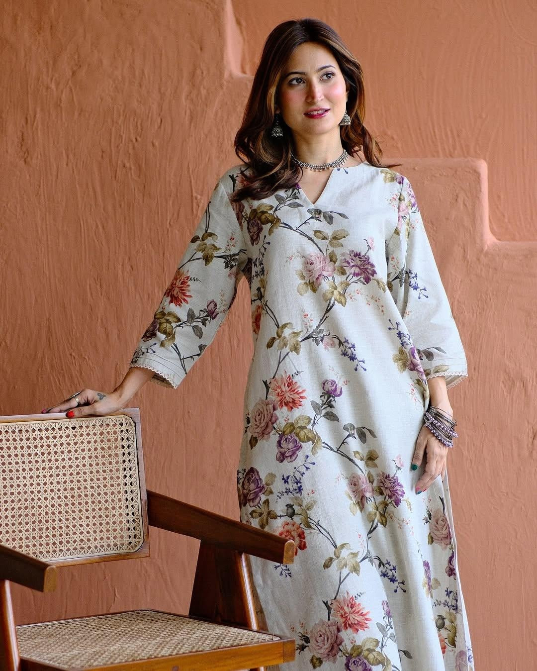 Women's Rayon Slub Hand Print Kurta Set with Bottom | Stitched Ethnic Wear for Women