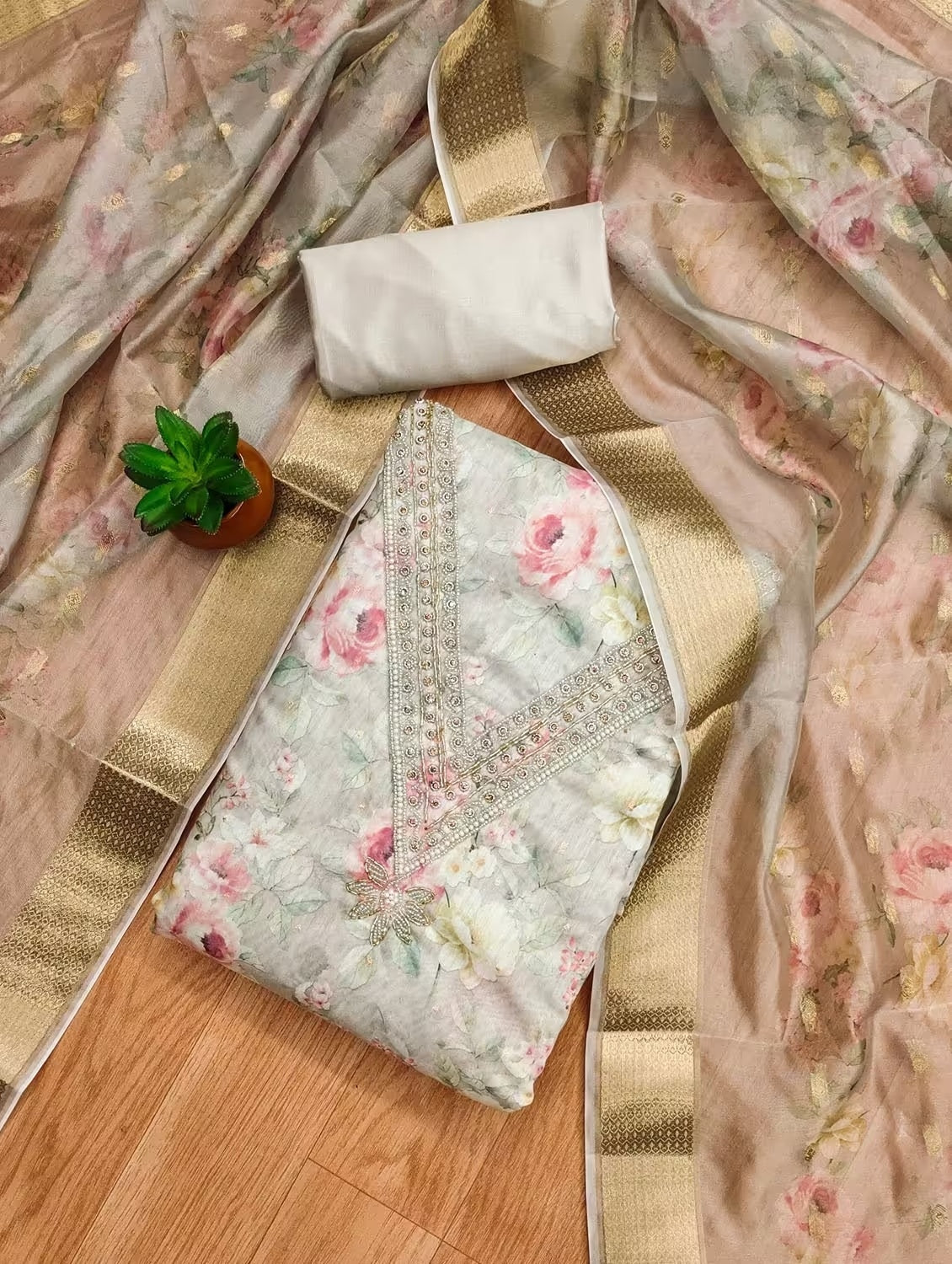 Heavy Modal Floral Print Dress Material Set with Khatli Work for Women with Santoon Bottom & Inner and Banarasi Jacquard Digital Print Dupatta