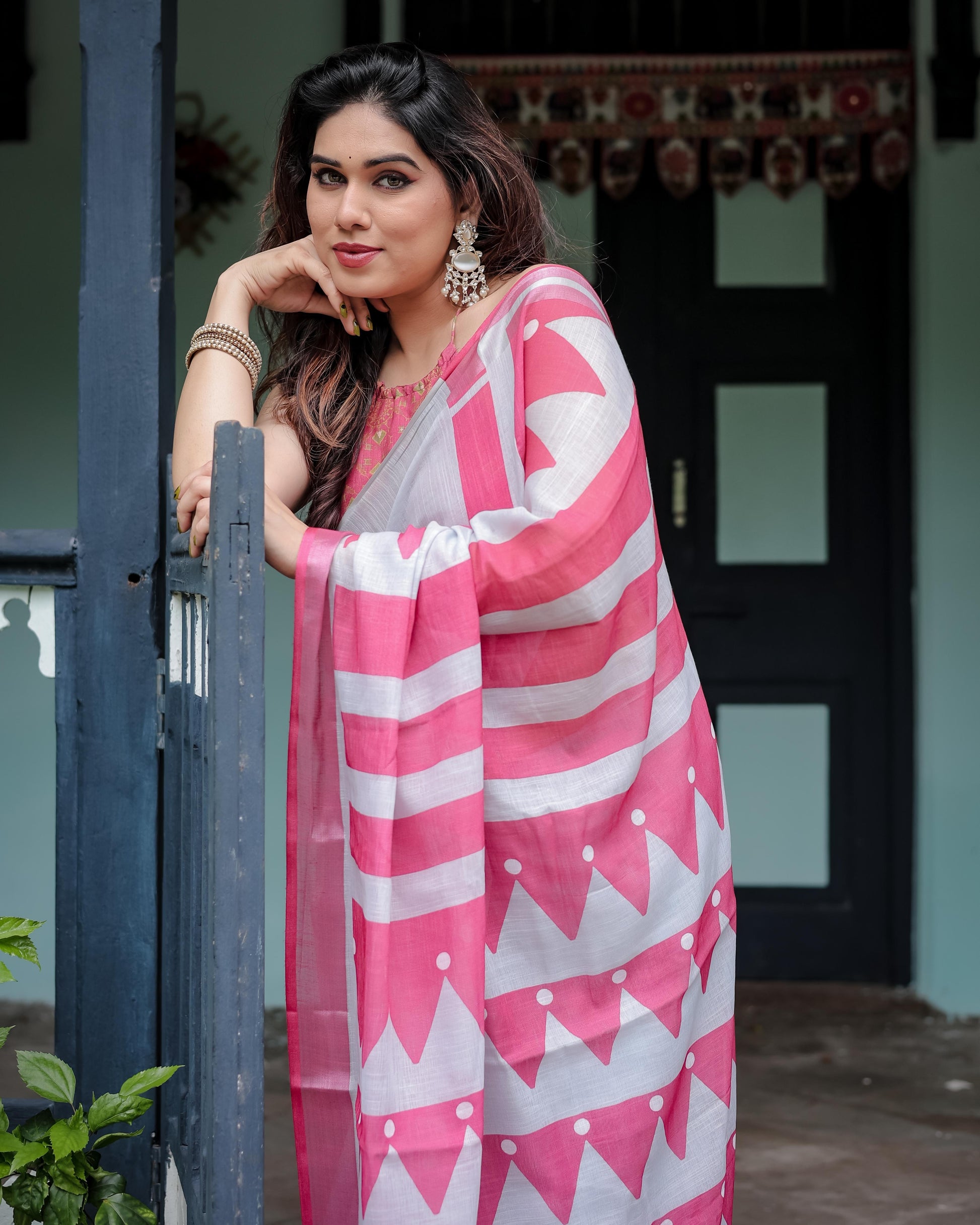 White and Pink Pure Cotton Linen Saree with Geometric Stripes And Tassel Detailing With Unstitched Blouse