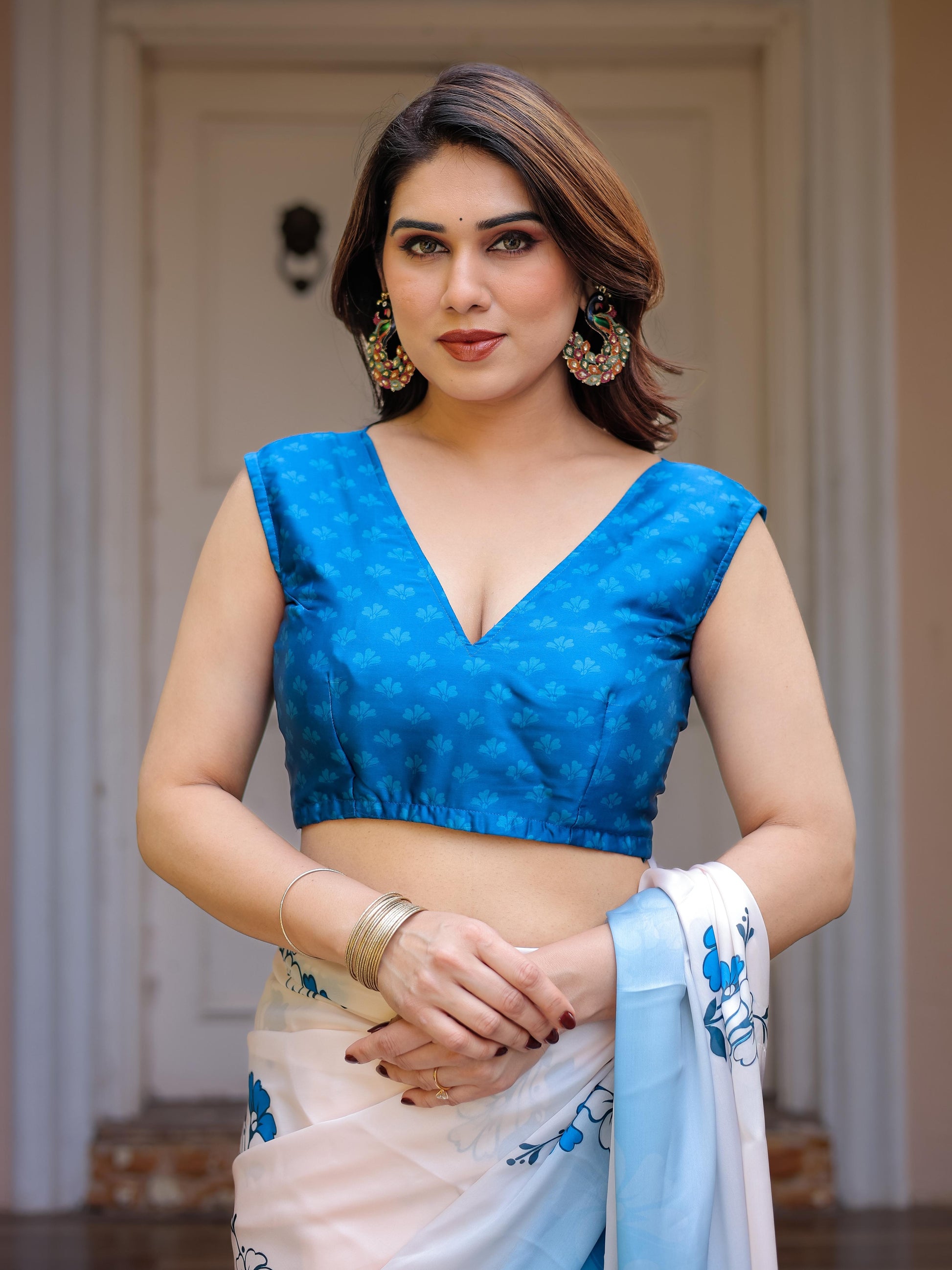 White Blue Floral Printed Satin Georgette Saree for Women with Designer Blouse | Elegant Soft Party Wear Saree