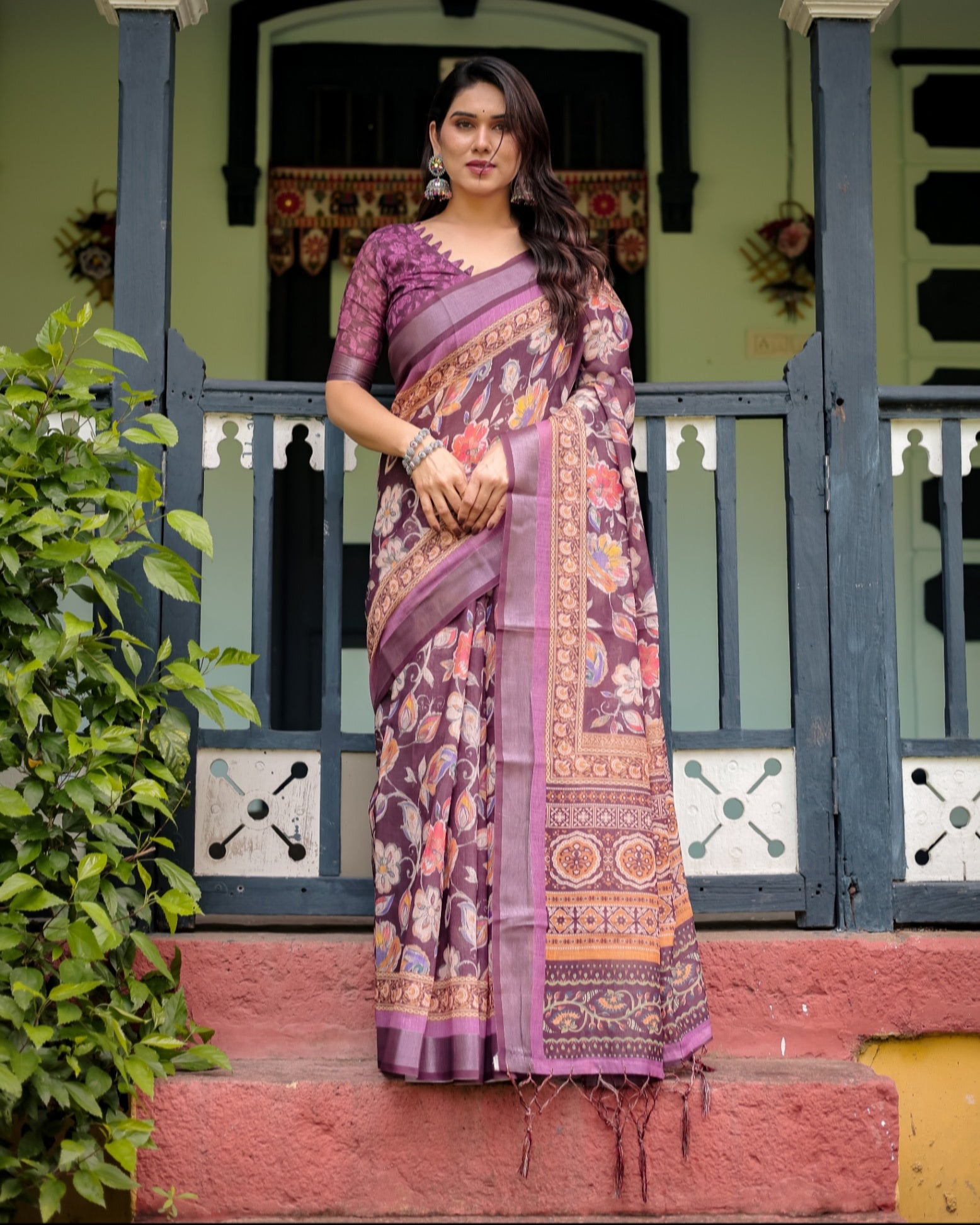 Purple Floral Printed Pure Cotton Linen Saree and Tassels With Unstitched Blouse