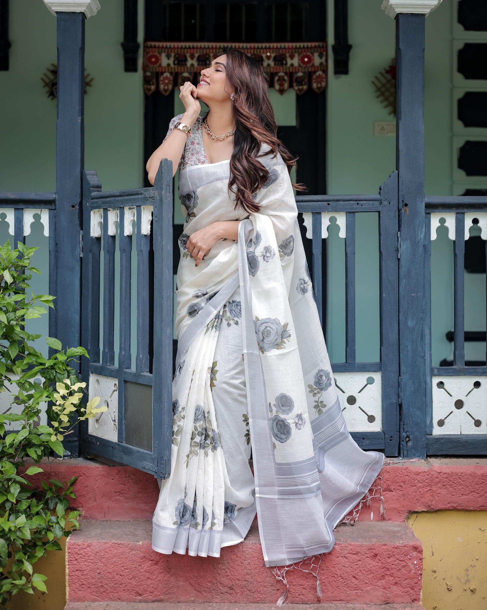 White and Grey Pure Cotton Linen Saree with Floral Print And Tassel Detailing With Unstitched Blouse