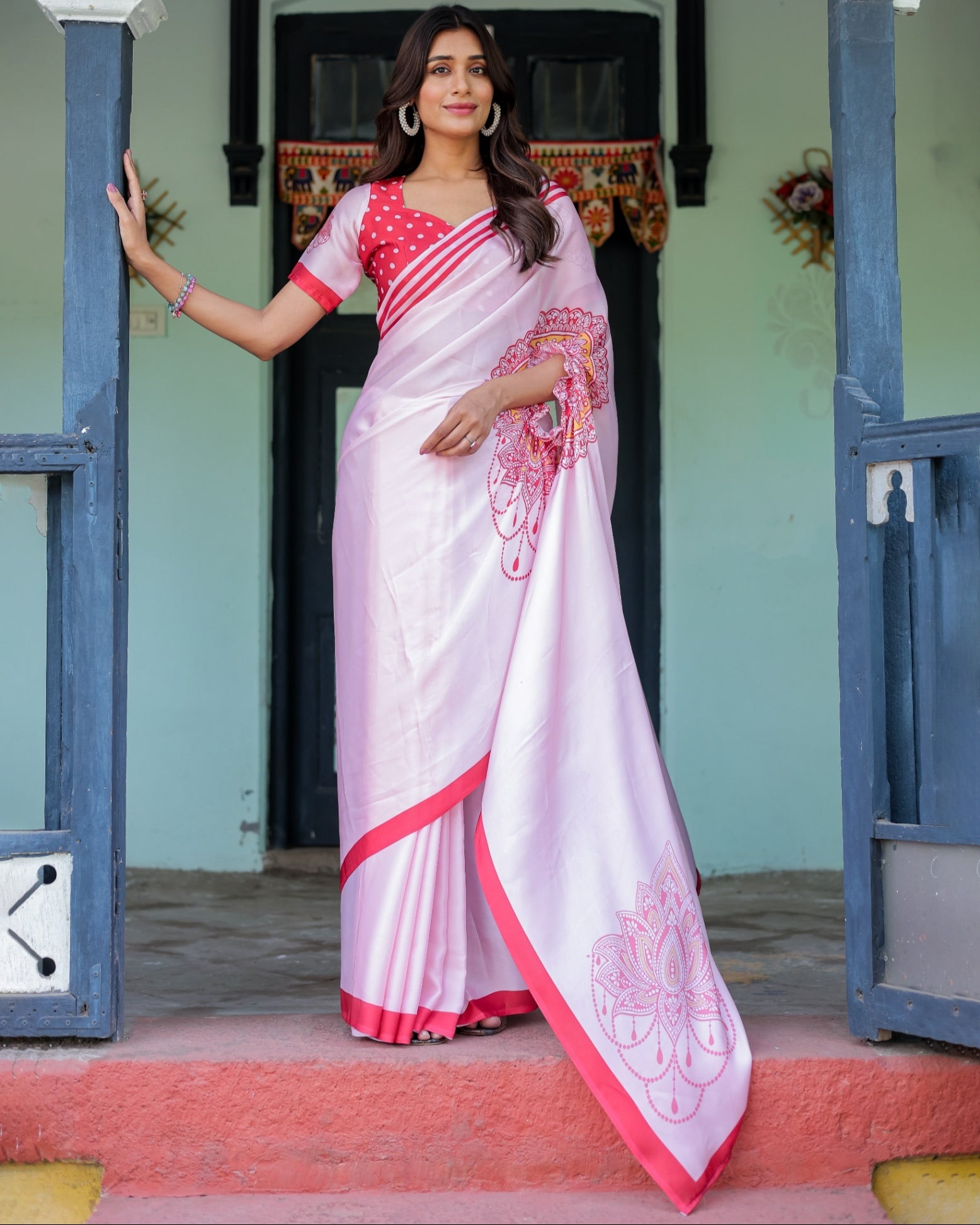 Baby Pink Designer Saree with Mandala Pallu & Polka Dot  Satin Georgette Handsfree Pallu Feature With Unstitched Blouse