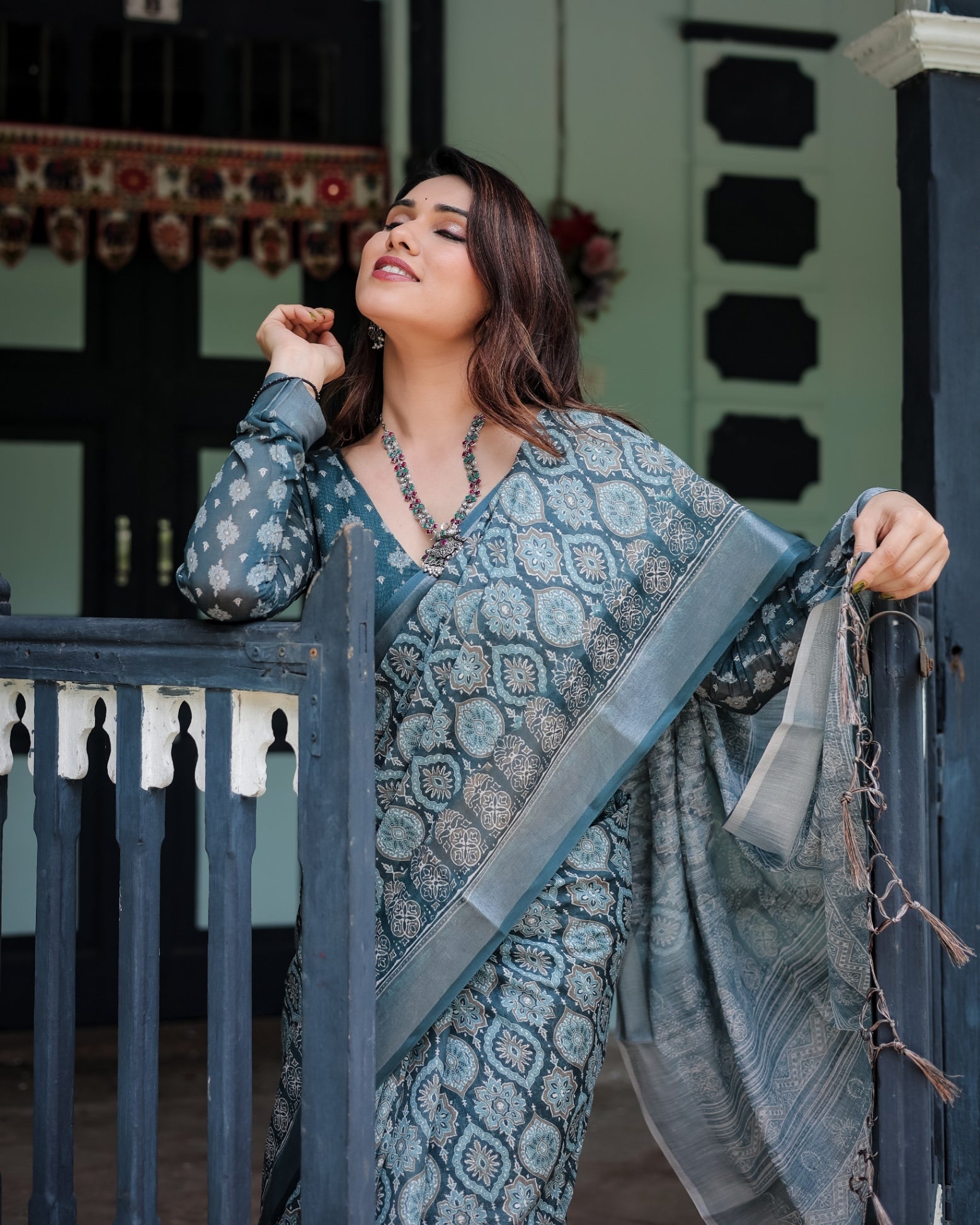 Teal Blue Pure Cotton Linen Saree with Geometric Block Print And Tassel Detailing With Unstitched Blouse