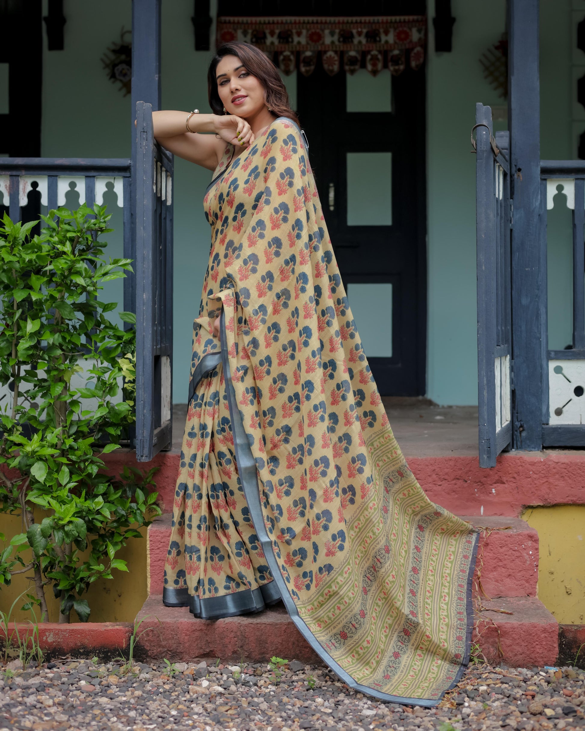 Beige and Charcoal Pure Cotton Linen Saree with Floral Print And Tassel Detailing With Unstitched Blouse