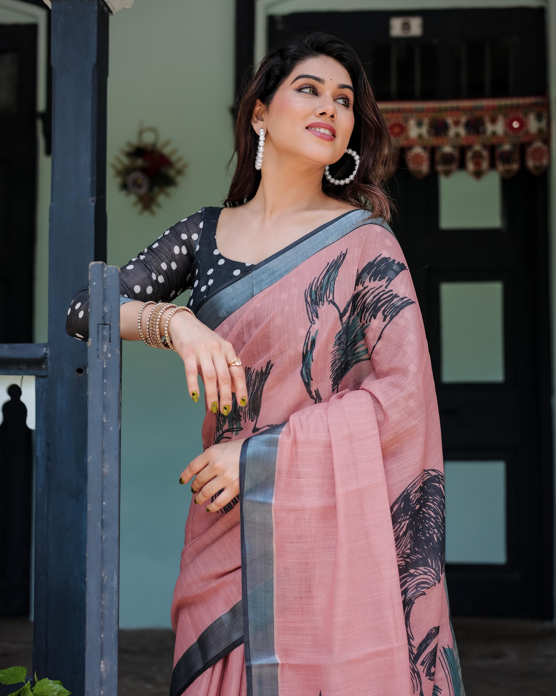 Blush Pink Pure Cotton Linen Saree with Contrast Polka Dot and Tassel Detailing With Unstitched Blouse