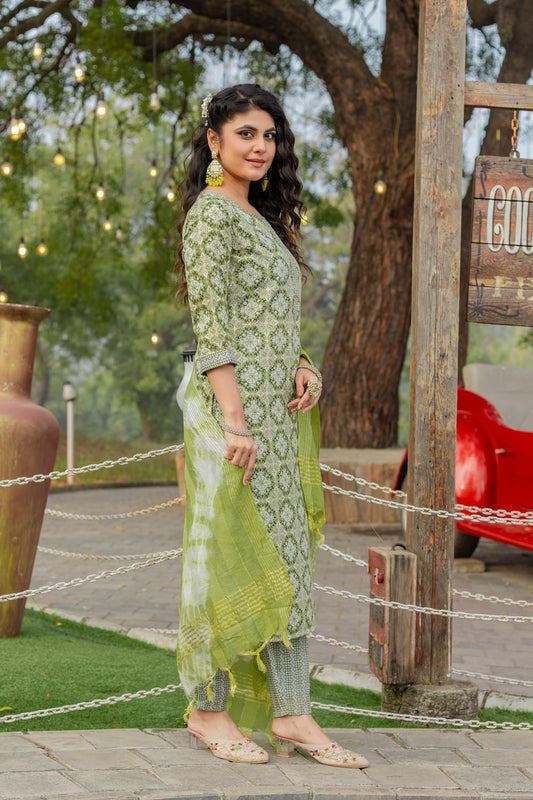 Women's Cotton Blend Printed Kurta Set with Bottom & Chanderi Dupatta | Stitched Ethnic Wear for Women