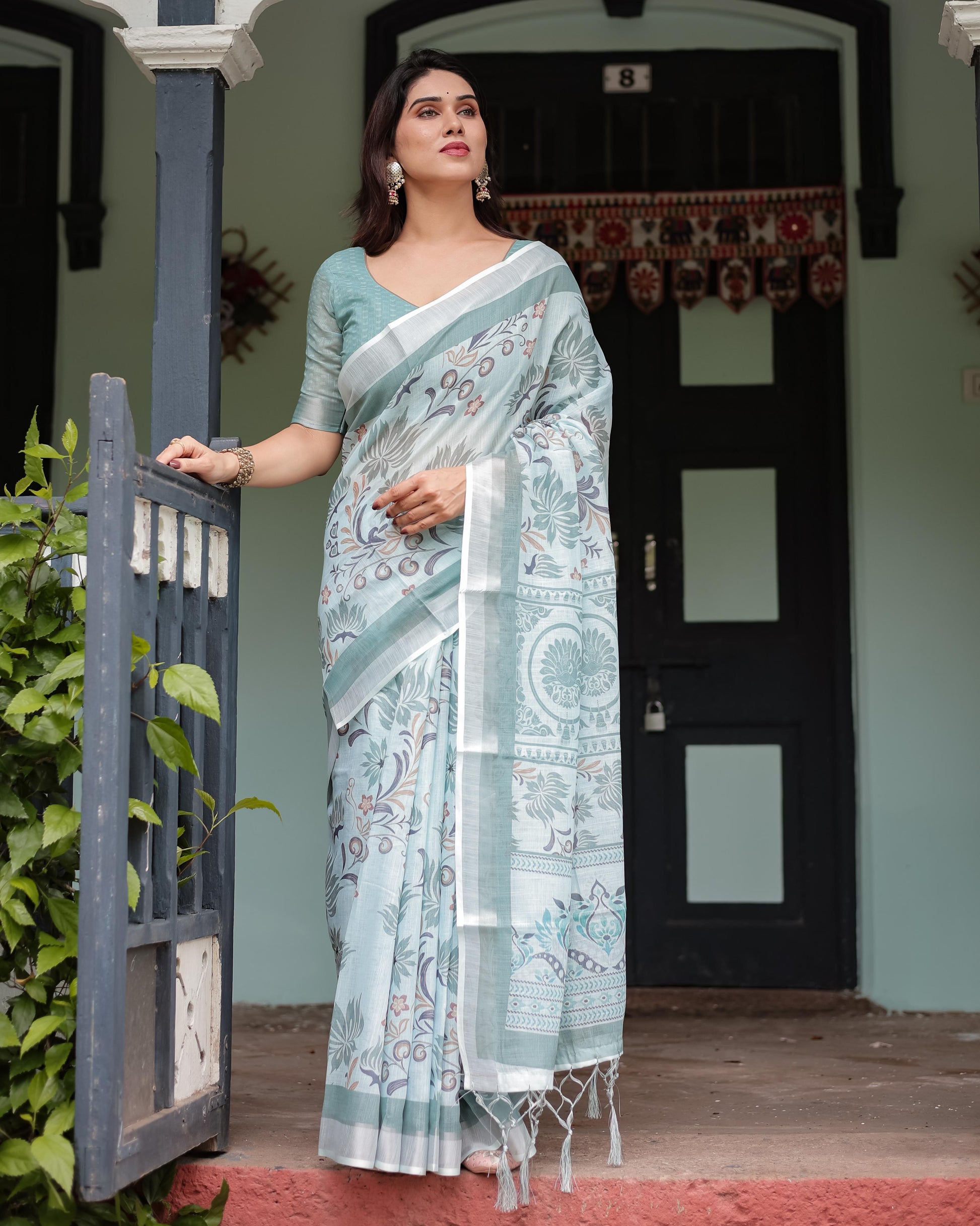 Mint Green Floral Pure Cotton Linen Saree and Tassels With Unstitched Blouse