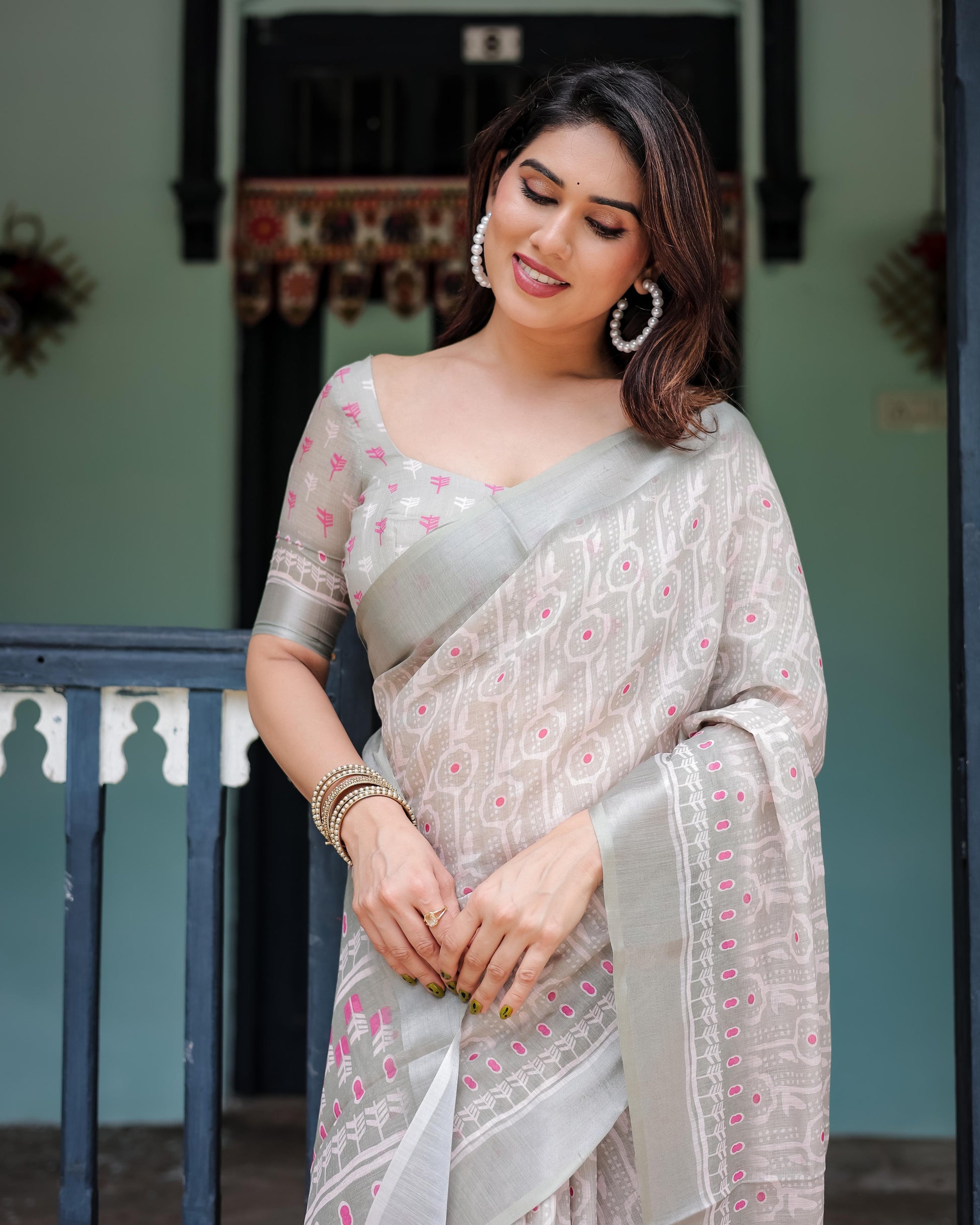 Soft Grey Pure Cotton Linen Saree with Pink and White Ikat Design, , and Tassel Detailing With Unstitched Blouse