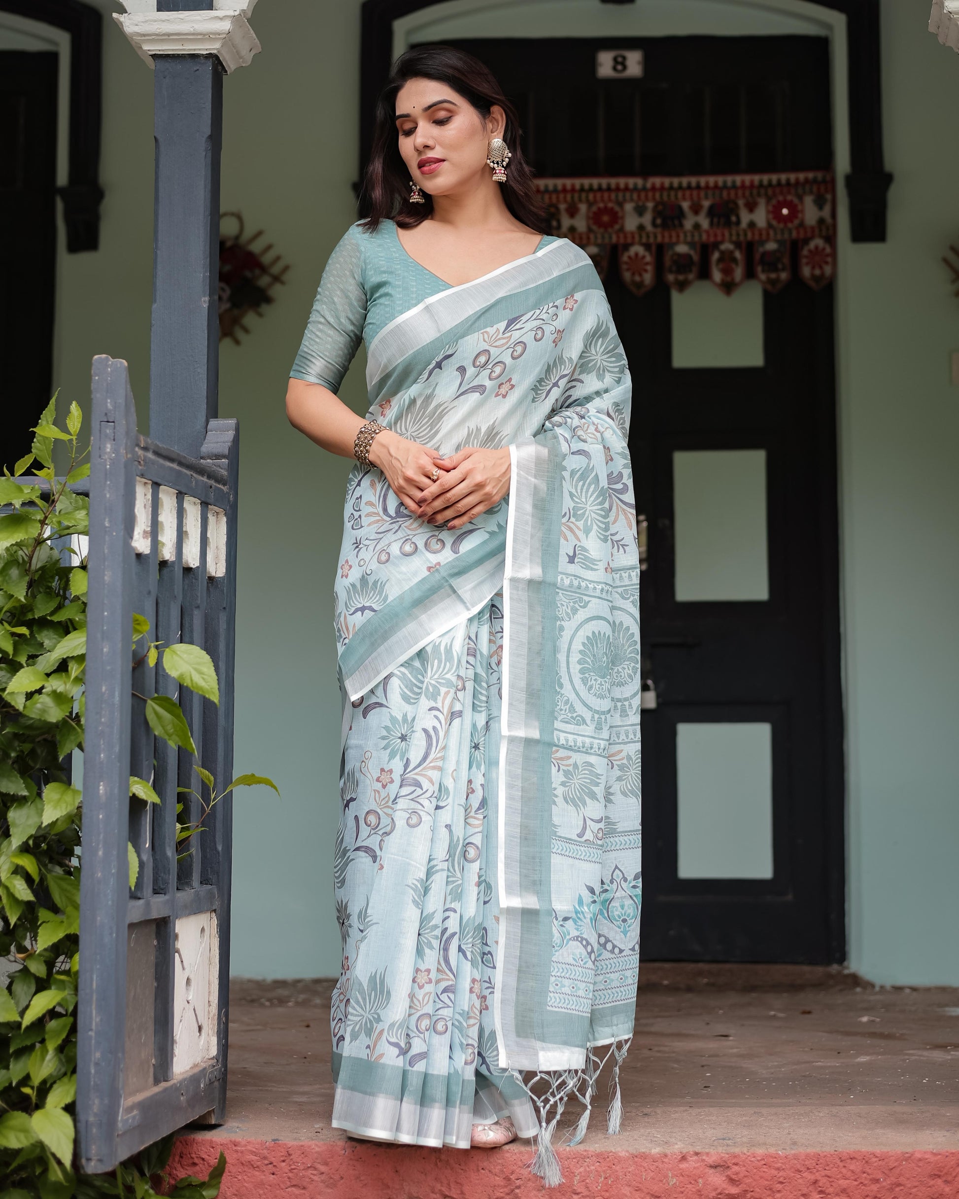 Mint Green Floral Pure Cotton Linen Saree and Tassels With Unstitched Blouse