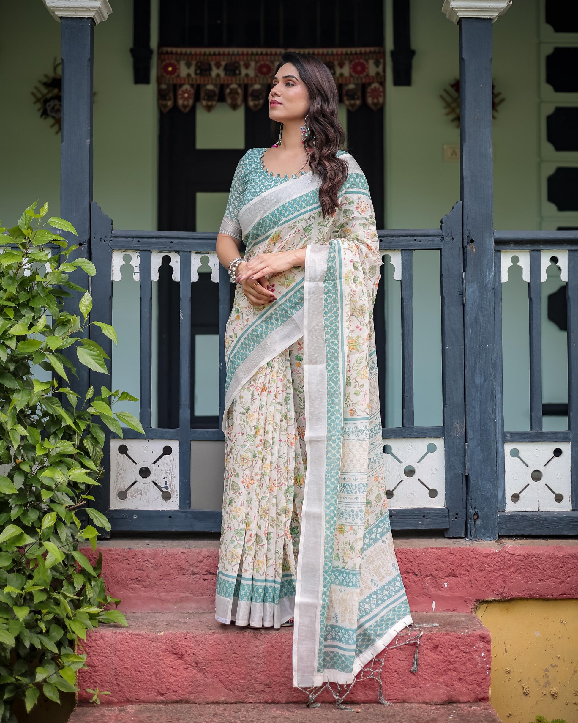 Elegant Floral Printed Pure Cotton Linen Saree in Ivory with Teal Border and , Tassels on Edges With Unstitched Blouse