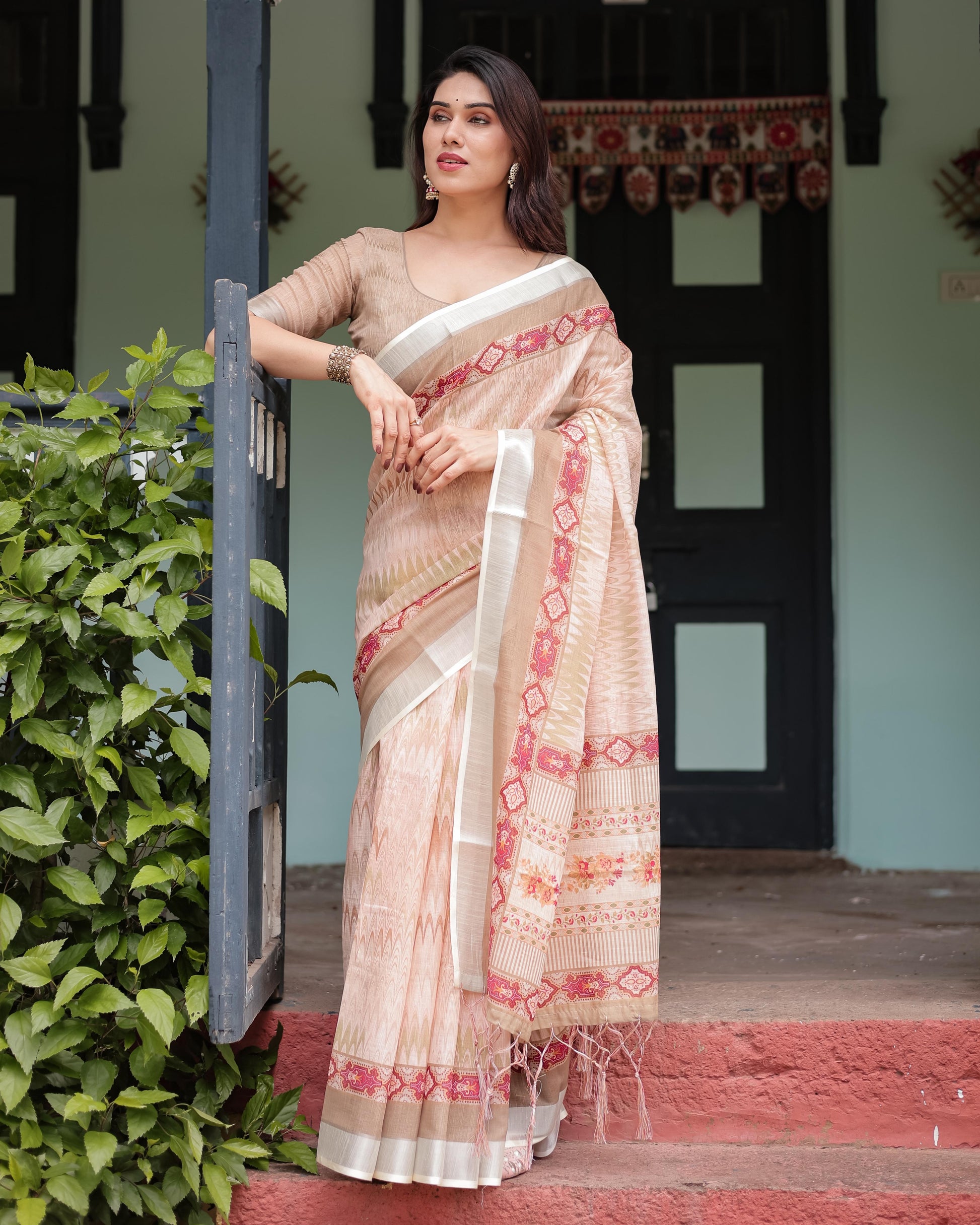 Peach Beige Linen Printed Saree with Designer Border and Tassel Detailing with Unstitched Blouse for Women