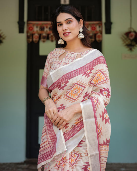 Cream and Maroon Geometric Printed Pure Cotton Linen Saree and Tassels With Unstitched Blouse