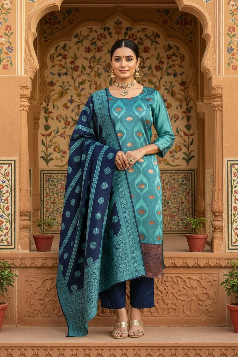 Women's Jacquard Polyester Kurta Set with Bottom & Jacquard Dupatta | Stitched Ethnic Wear for Women