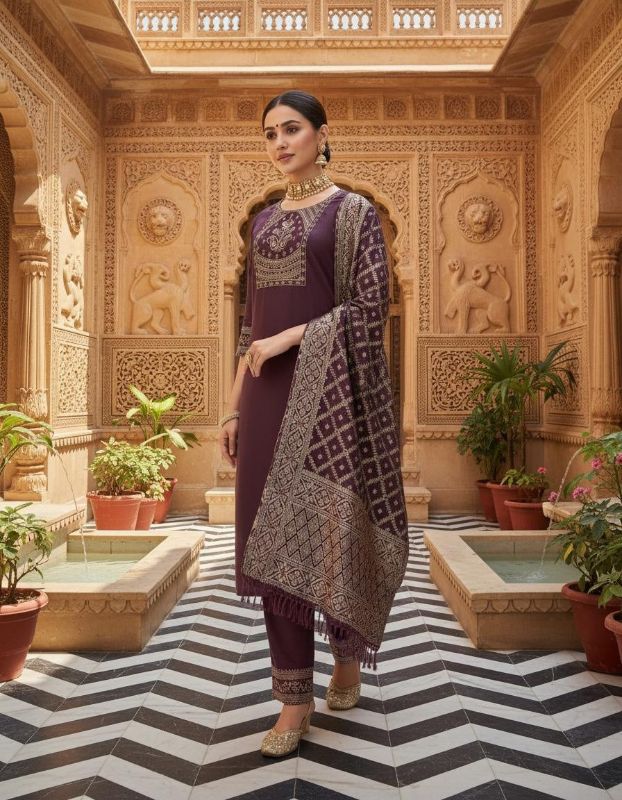 Women's Rayon Slub Embroidered Kurta Set with Bottom & Jacquard Dupatta | Stitched Ethnic Wear for Women