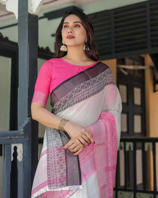 White and Pink Linen Printed Saree with Contrast Border Design and Tassel Detailing with Unstitched Blouse for Women