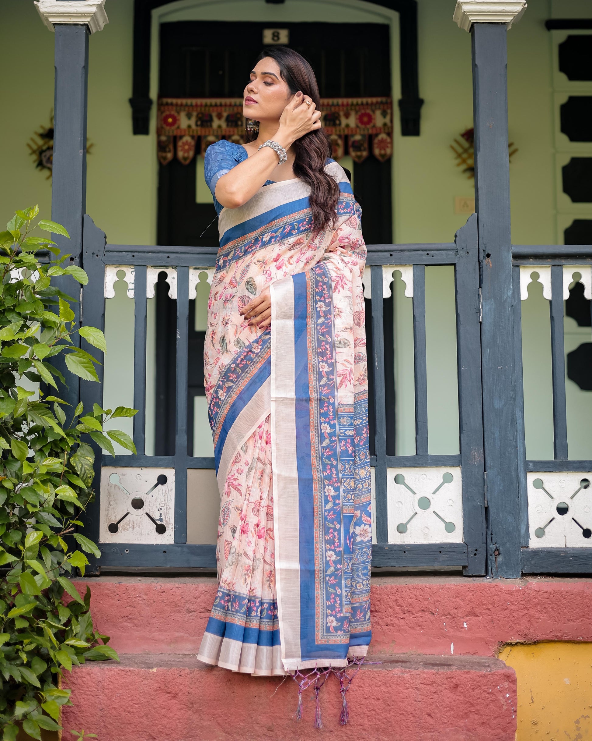 Pure Cotton Linen Saree Blue Floral Border and Pink Leaf Design with Tassels on Edges With Unstitched Blouse