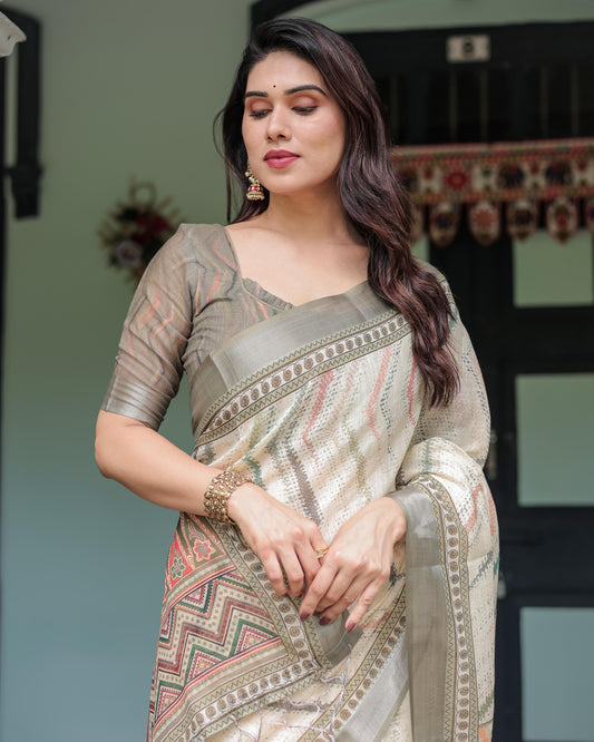 Cream and Olive Green Linen Printed Saree with Ethnic Pattern Border and Tassel Detailing with Unstitched Blouse for Women