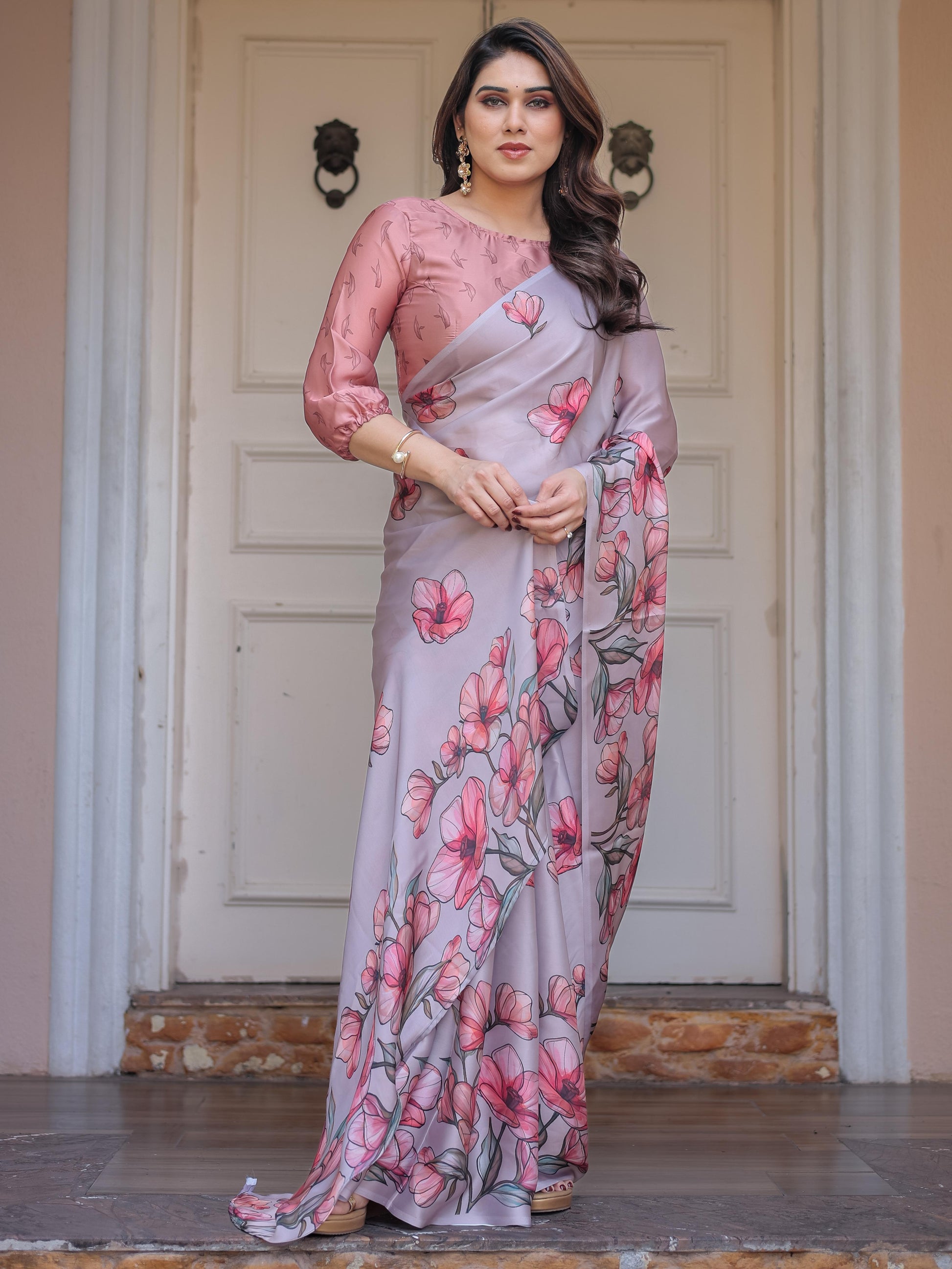 Lavender Satin Georgette Floral Printed Saree with Rose Pink Blouse for Women | Elegant Soft Party Wear Designer Saree