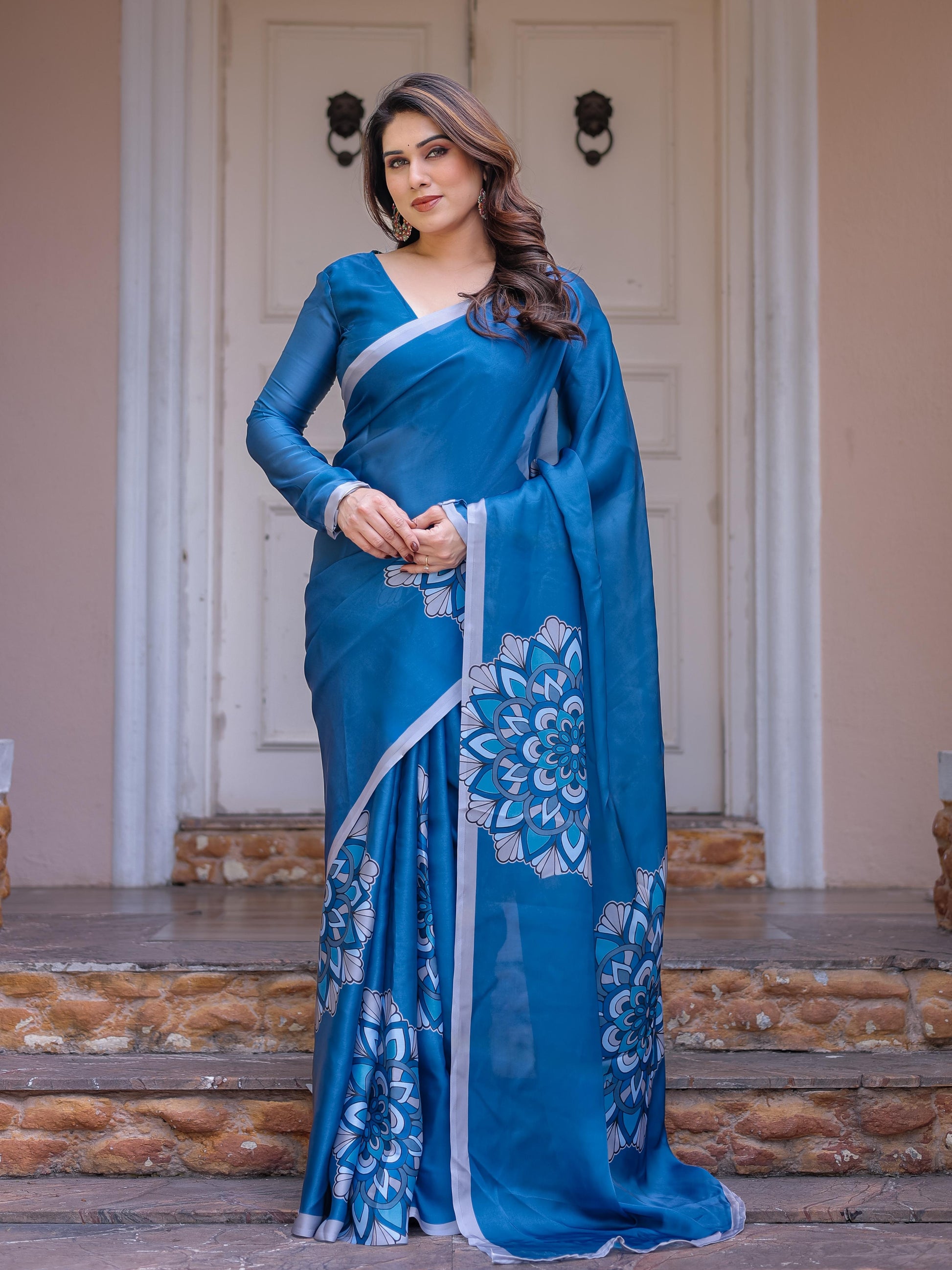 Teal Blue Printed Satin Georgette Saree for Women with Designer Blouse | Elegant Party Wear Saree