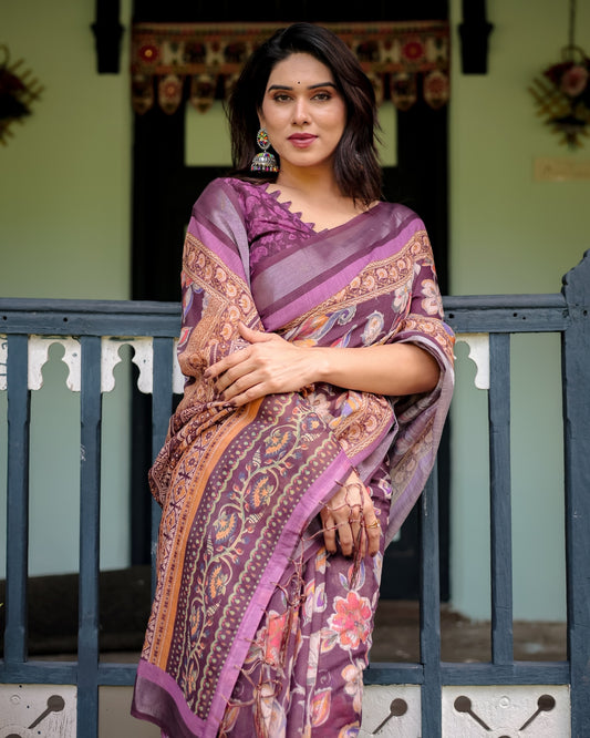Purple Floral Printed Pure Cotton Linen Saree and Tassels With Unstitched Blouse