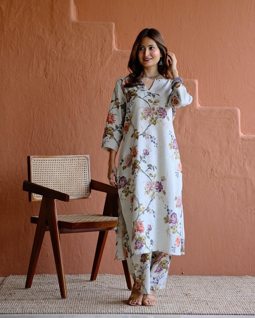 Women's Rayon Slub Hand Print Kurta Set with Bottom | Stitched Ethnic Wear for Women