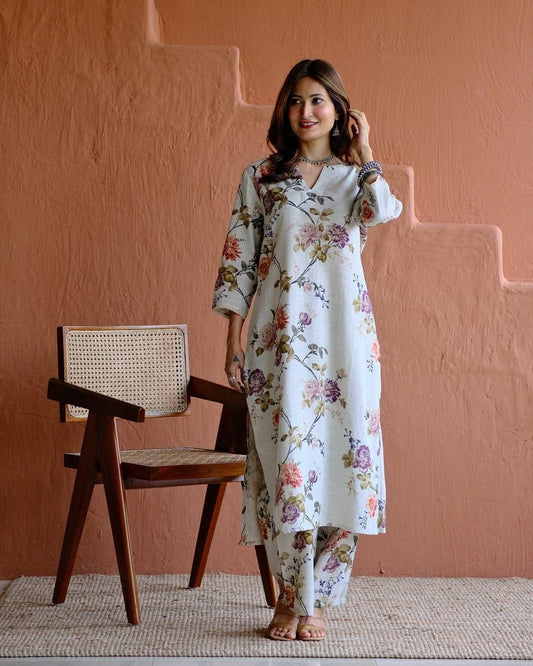Women's Rayon Slub Hand Print Kurta Set with Bottom | Stitched Ethnic Wear for Women