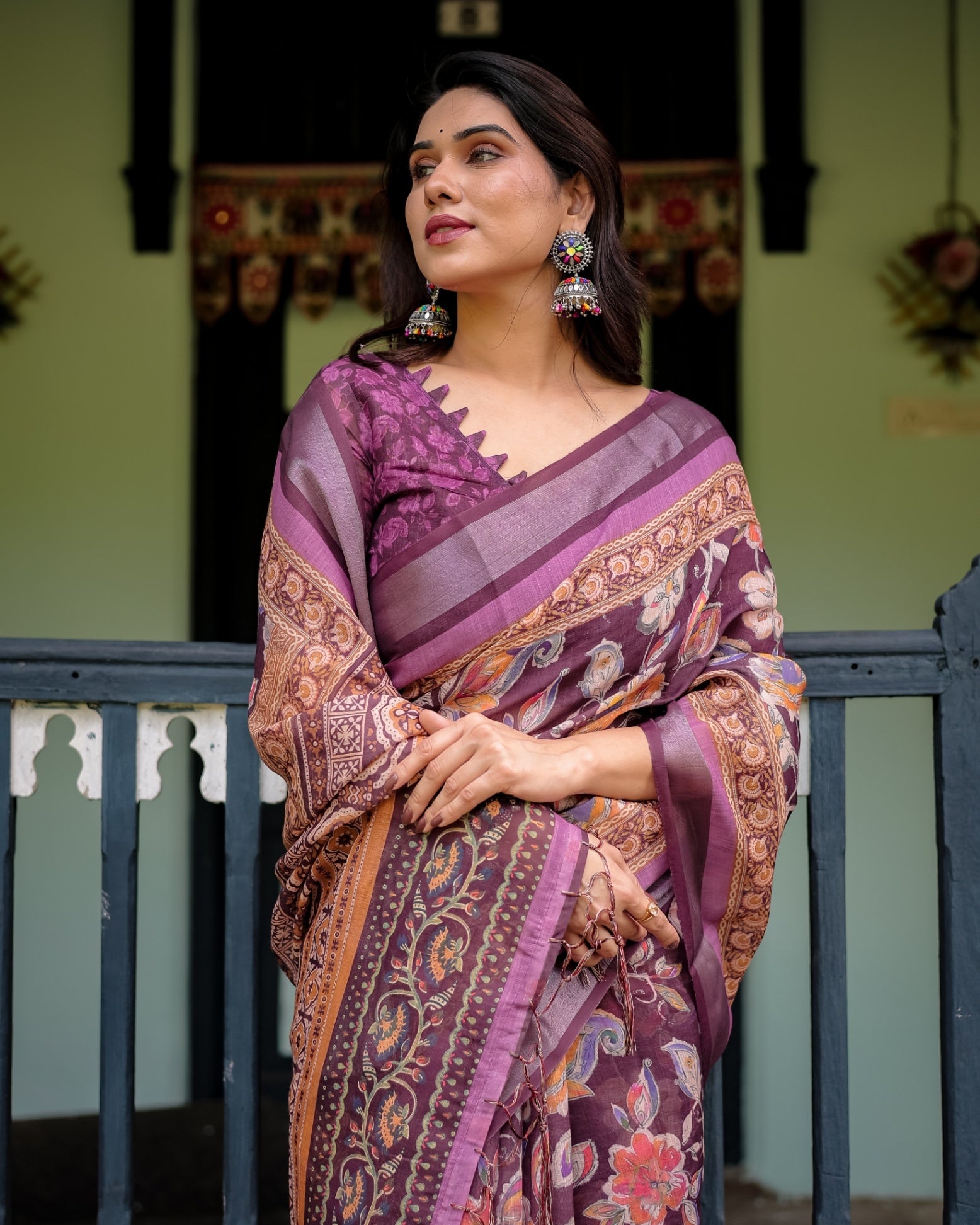 Purple Floral Printed Pure Cotton Linen Saree and Tassels With Unstitched Blouse