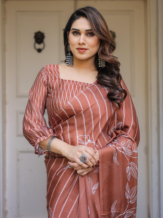 Rust Brown Striped Printed Satin Georgette Saree with Designer Blouse | Elegant Party Wear Saree for Women