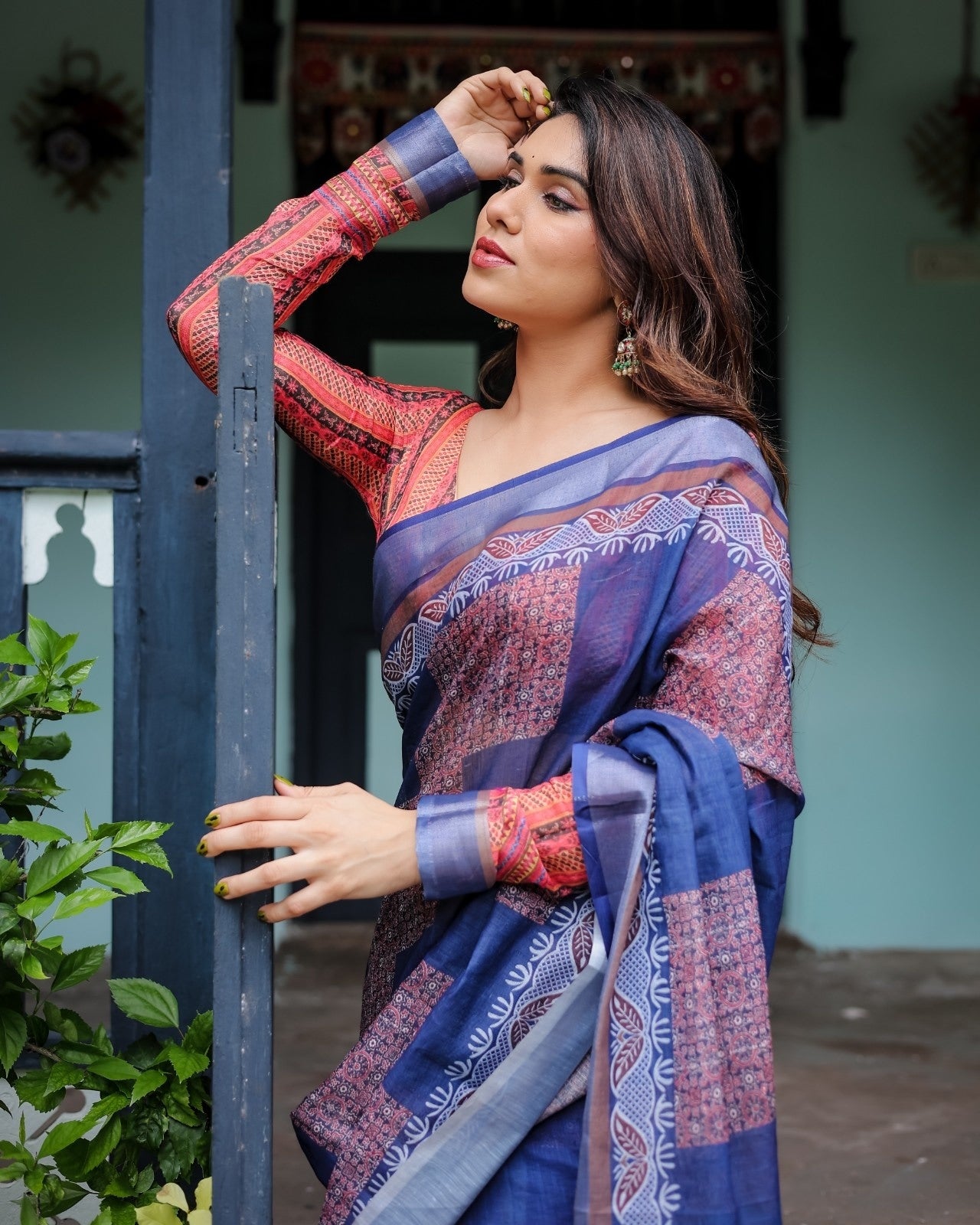 Navy Blue & Red Pure Cotton Linen Saree and Tassels on Edges With Unstitched Blouse
