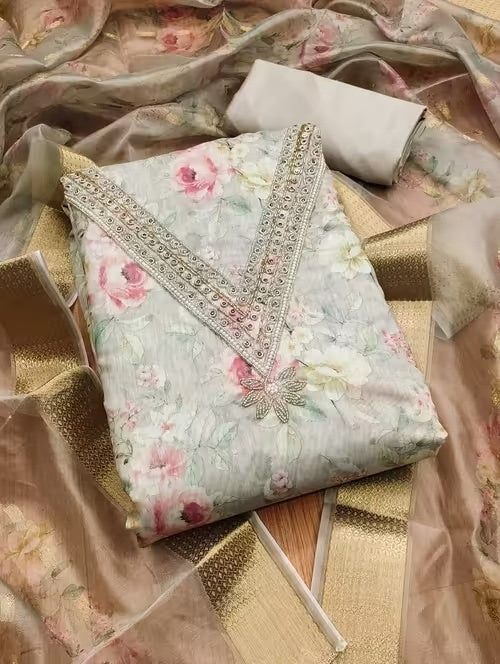 Heavy Modal Floral Print Dress Material Set with Khatli Work for Women with Santoon Bottom & Inner and Banarasi Jacquard Digital Print Dupatta