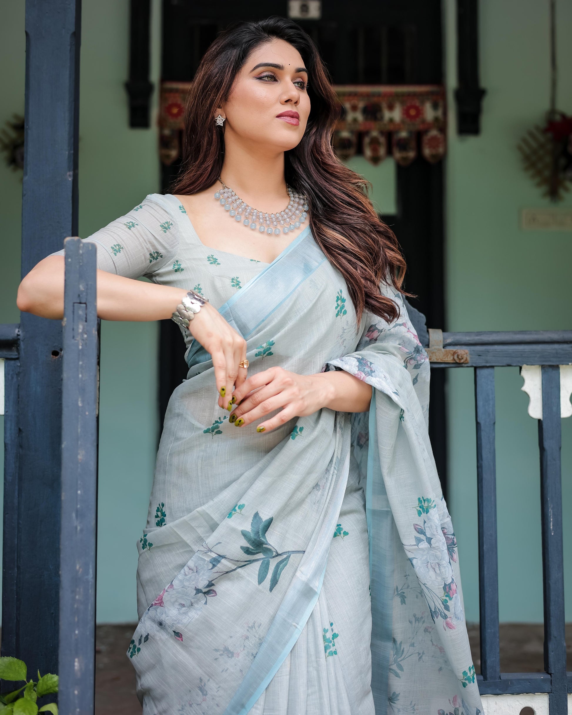 Pastel Grey Pure Cotton Linen Saree with Floral Print, , and Tassel Detailing With Unstitched Blouse