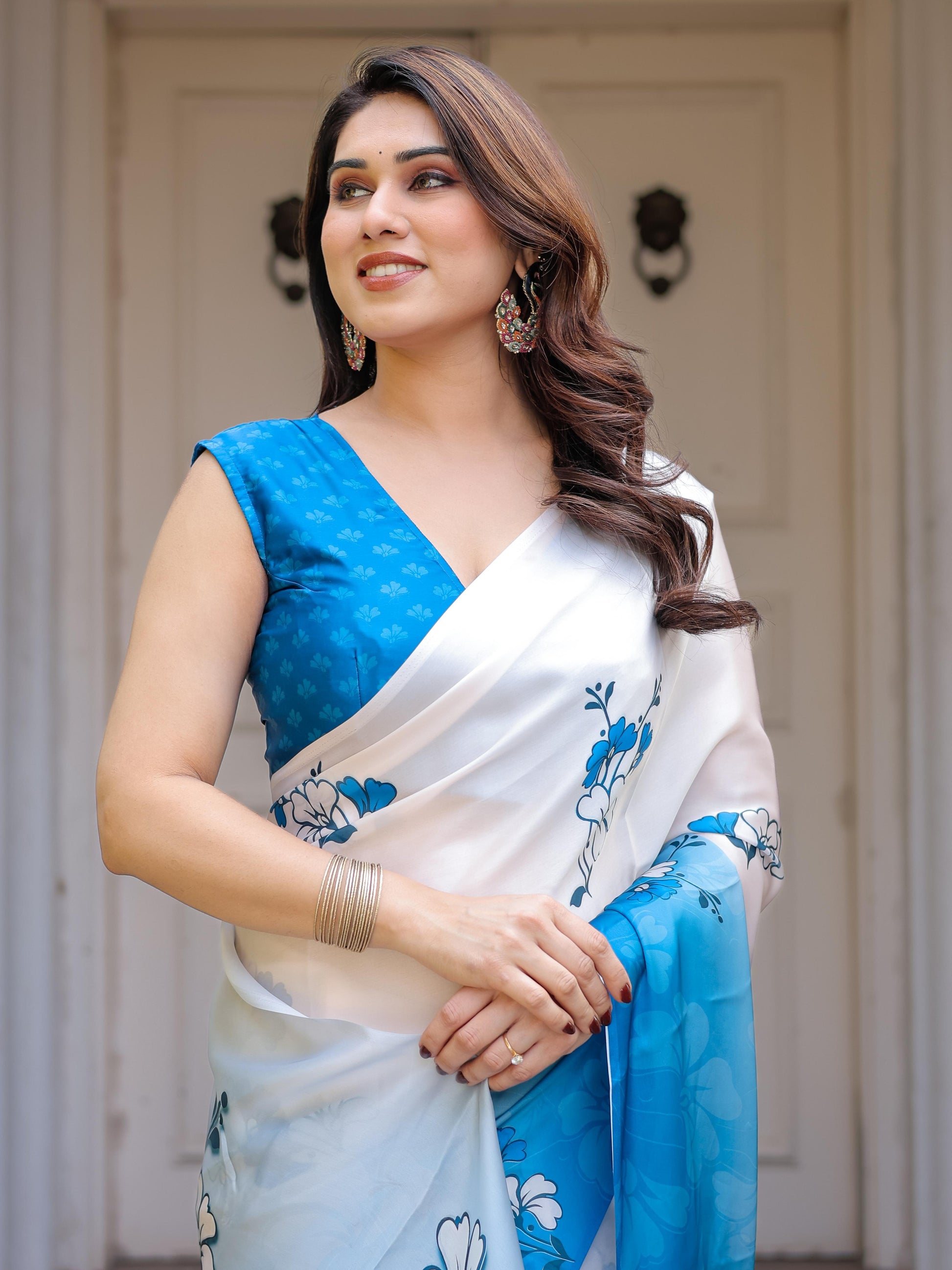 White Blue Floral Printed Satin Georgette Saree for Women with Designer Blouse | Elegant Soft Party Wear Saree