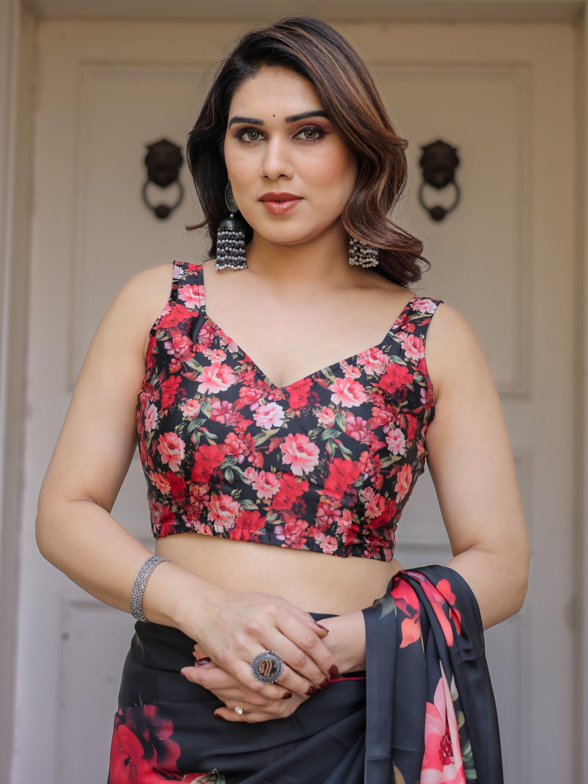 Black Floral Print Satin Georgette Saree with Red Flower Design | Elegant Designer Party Wear Saree