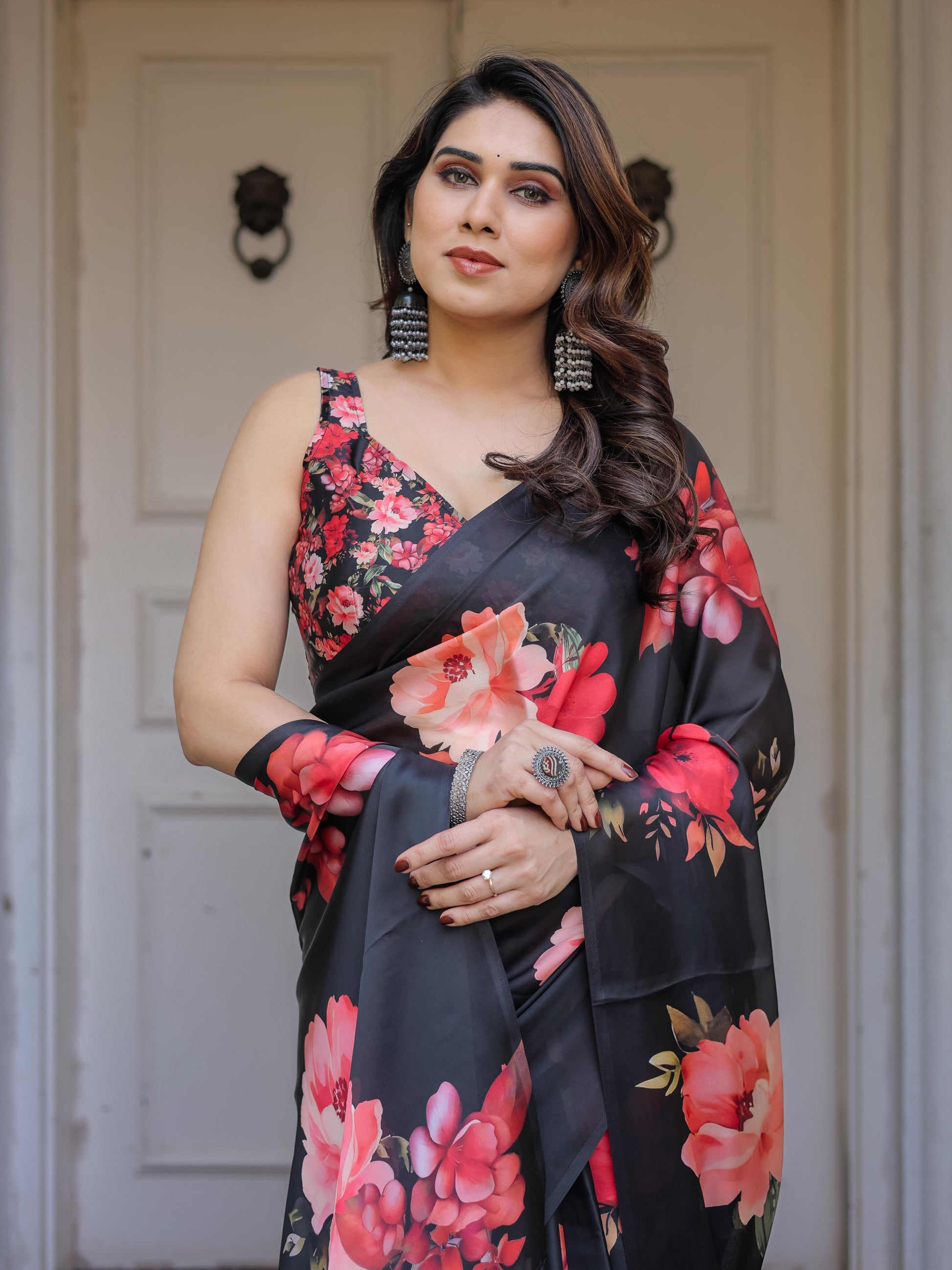 Black Floral Print Satin Georgette Saree with Red Flower Design | Elegant Designer Party Wear Saree
