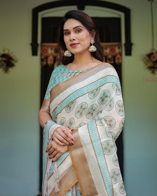 Beige With Aqua Pure Cotton Linen Saree Geometric Floral Design and Tassels on Edges With Unstitched Blouse