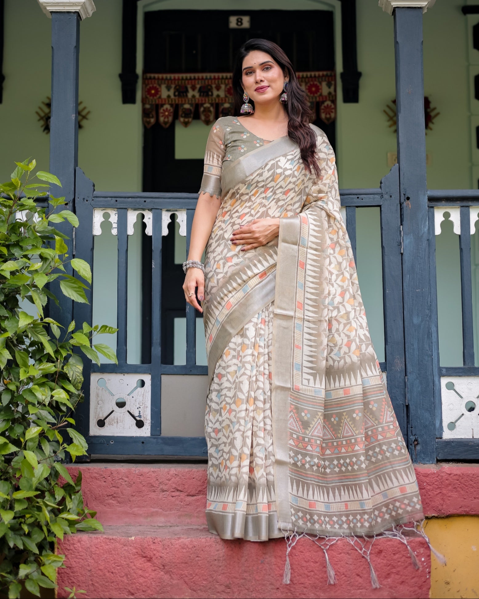 Beige Pure Cotton Linen Saree with Geometric and Leaf Pattern And Tassels With Unstitched Blouse