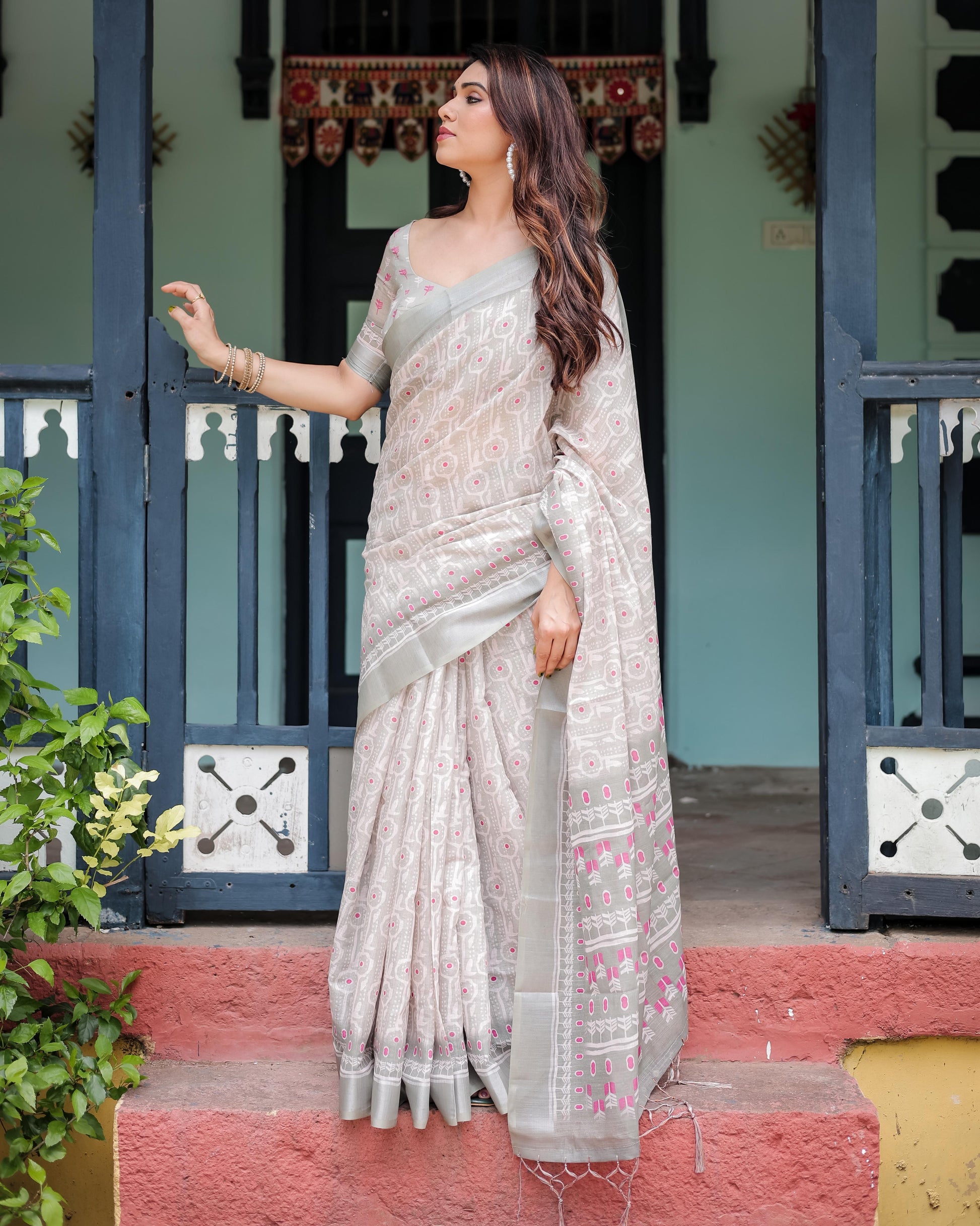 Soft Grey Pure Cotton Linen Saree with Pink and White Ikat Design, , and Tassel Detailing With Unstitched Blouse