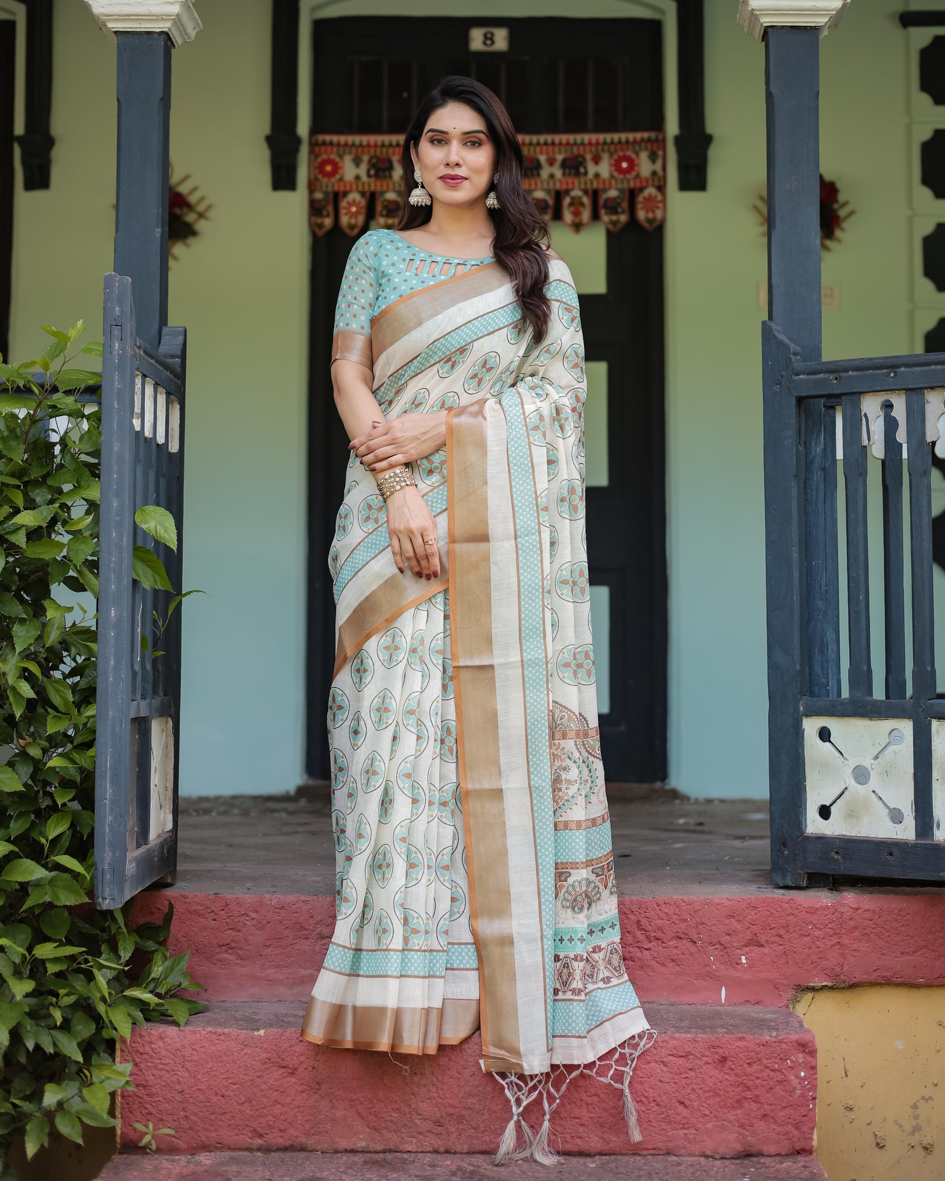 Beige With Aqua Pure Cotton Linen Saree Geometric Floral Design and Tassels on Edges With Unstitched Blouse