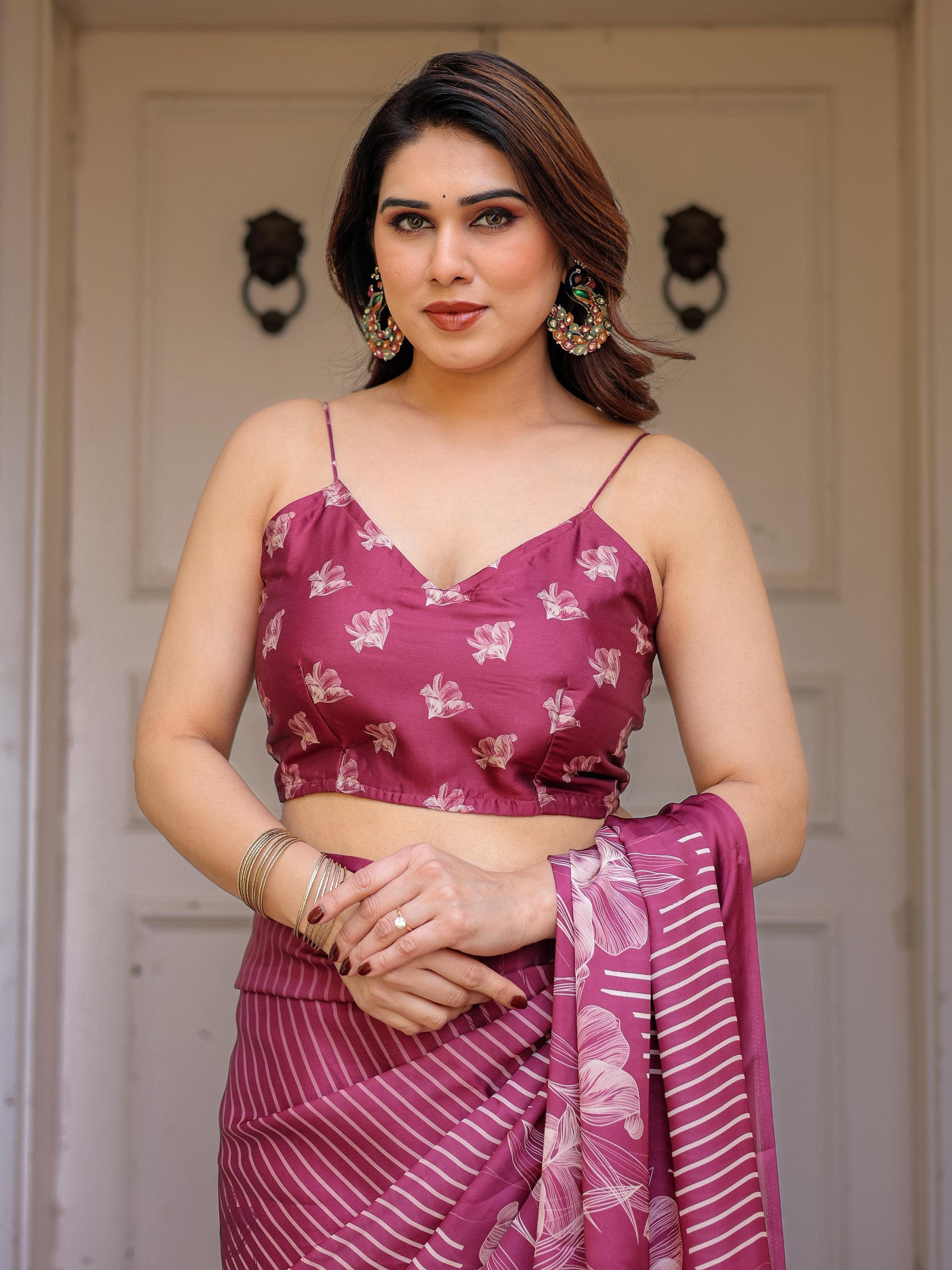 Wine Pink Stripe Print Satin Georgette Saree with Designer Blouse | Elegant Party Wear Saree